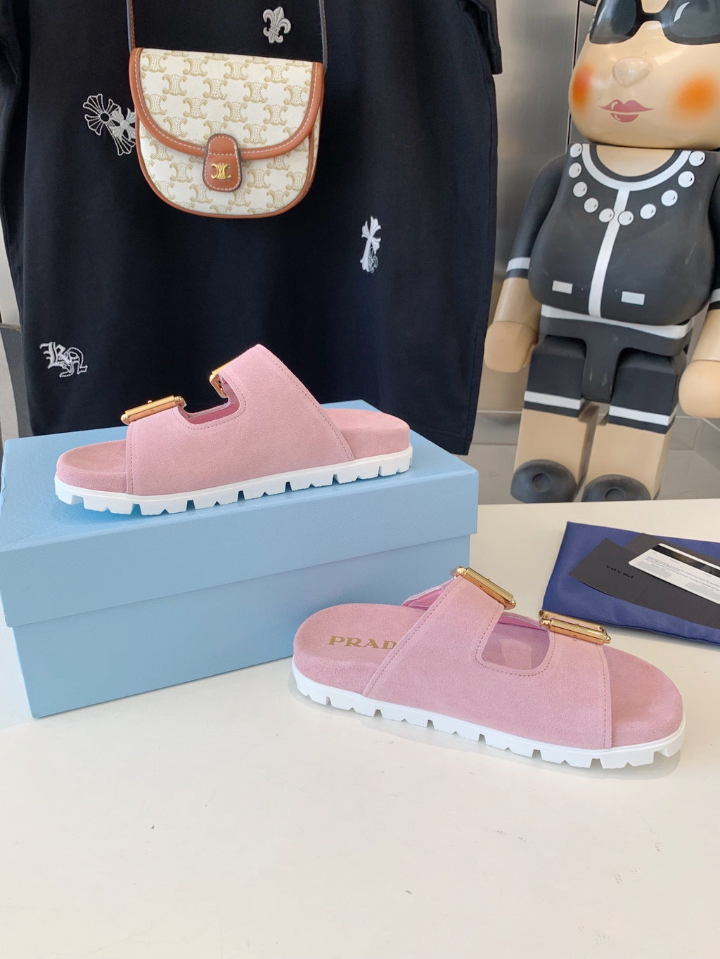 PRADA STRAP SLIDES SANLS PASTEL PINK SUEDE