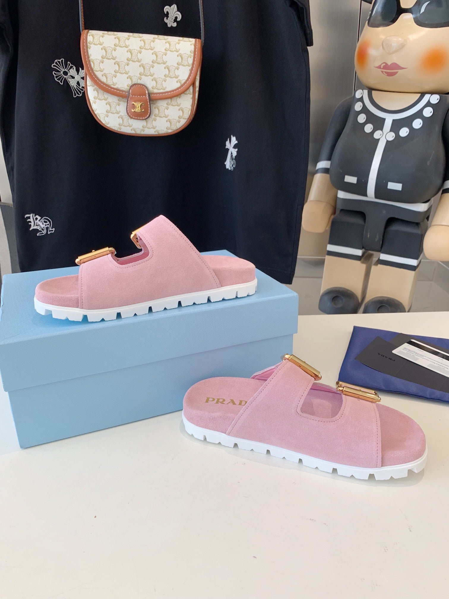 PRADA STRAP SLIDES SANLS PASTEL PINK SUEDE