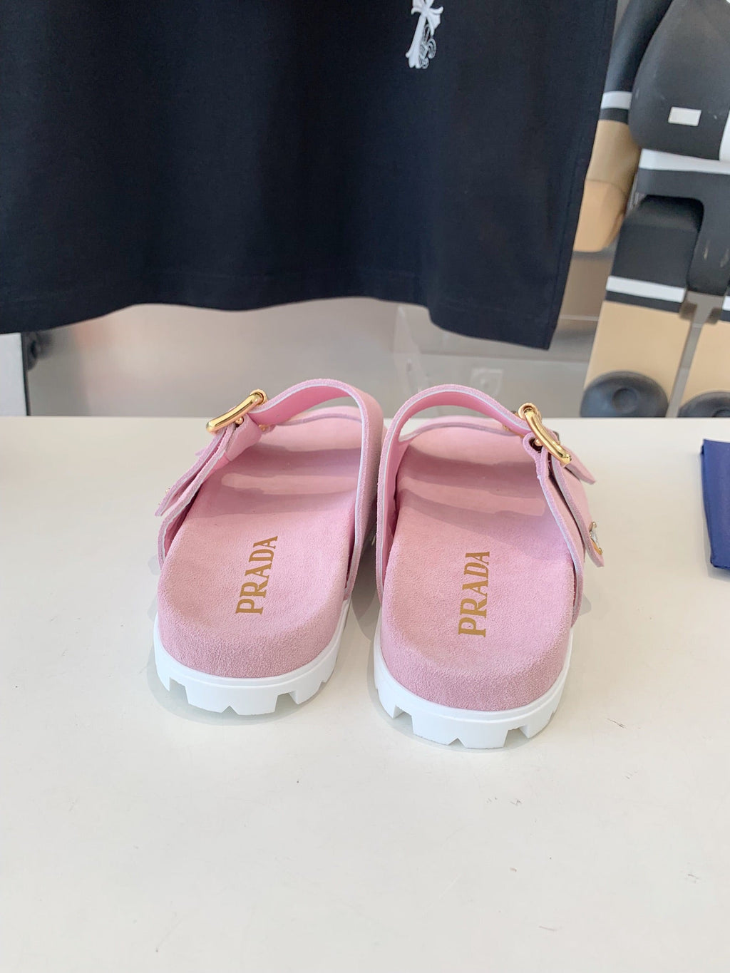 PRADA STRAP SLIDES SANLS PASTEL PINK SUEDE