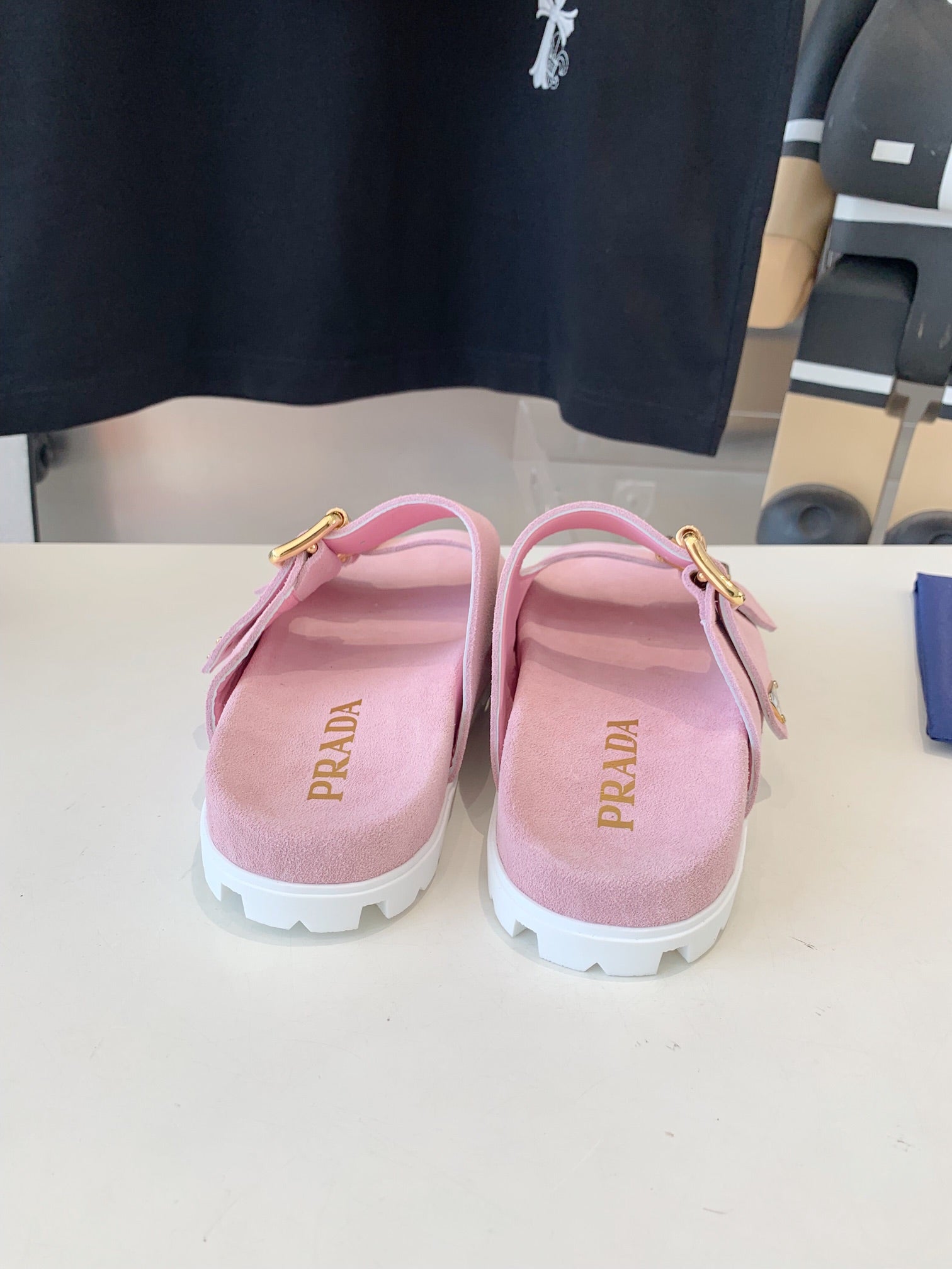 PRADA STRAP SLIDES SANLS PASTEL PINK SUEDE