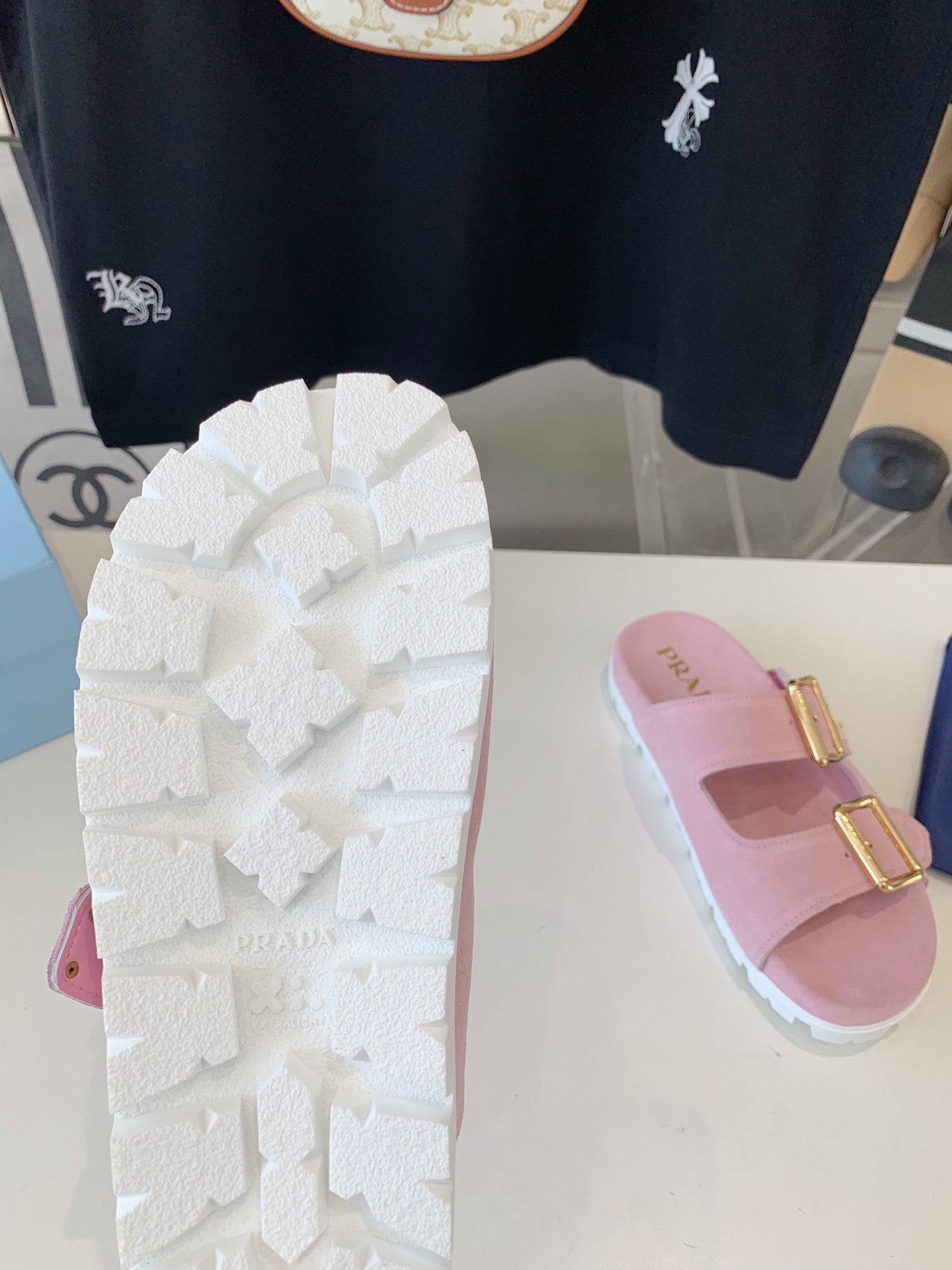 PRADA STRAP SLIDES SANLS PASTEL PINK SUEDE
