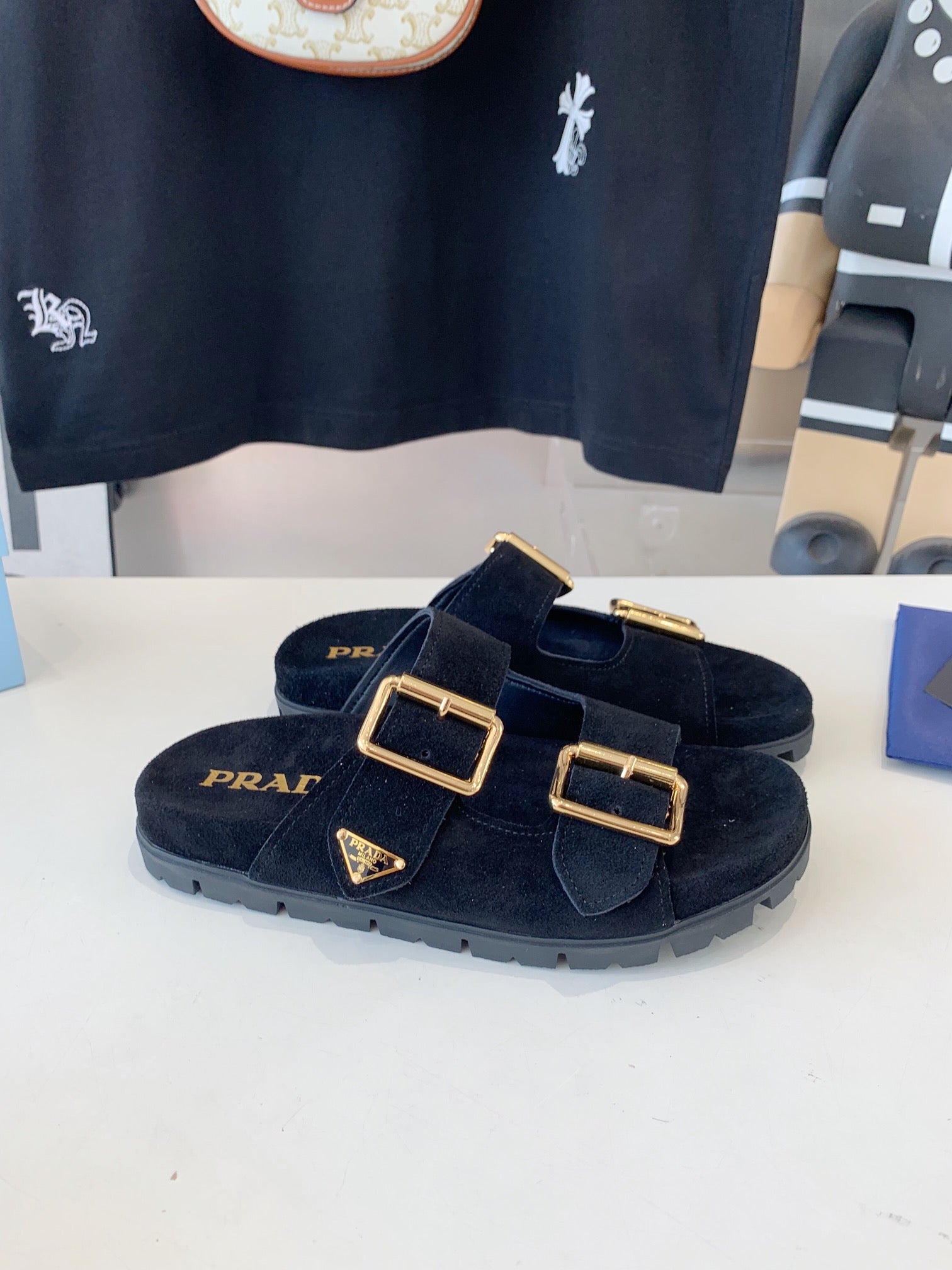 PRADA STRAP SLIDES SANLS BLACK SUEDE