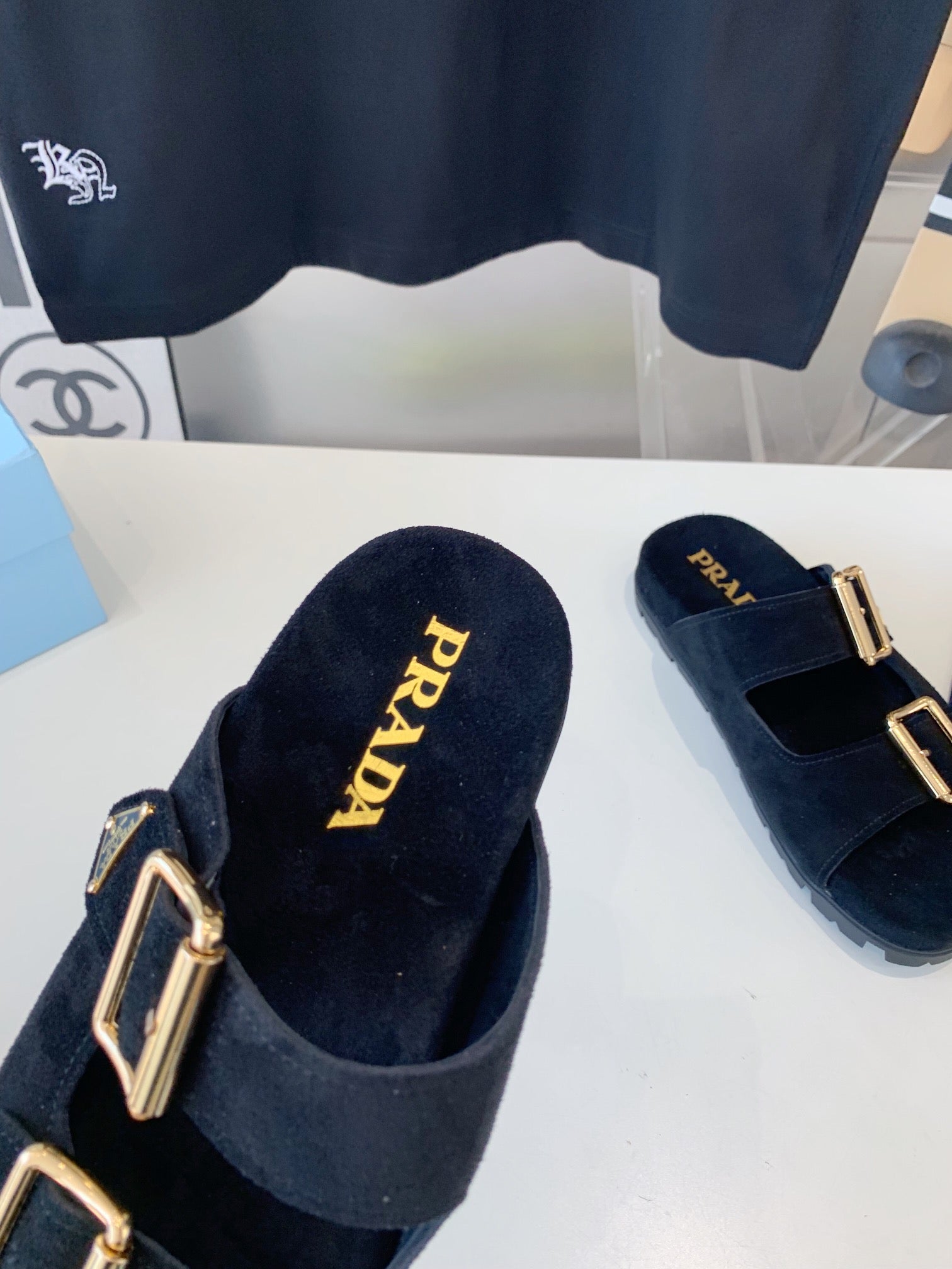 PRADA STRAP SLIDES SANLS BLACK SUEDE