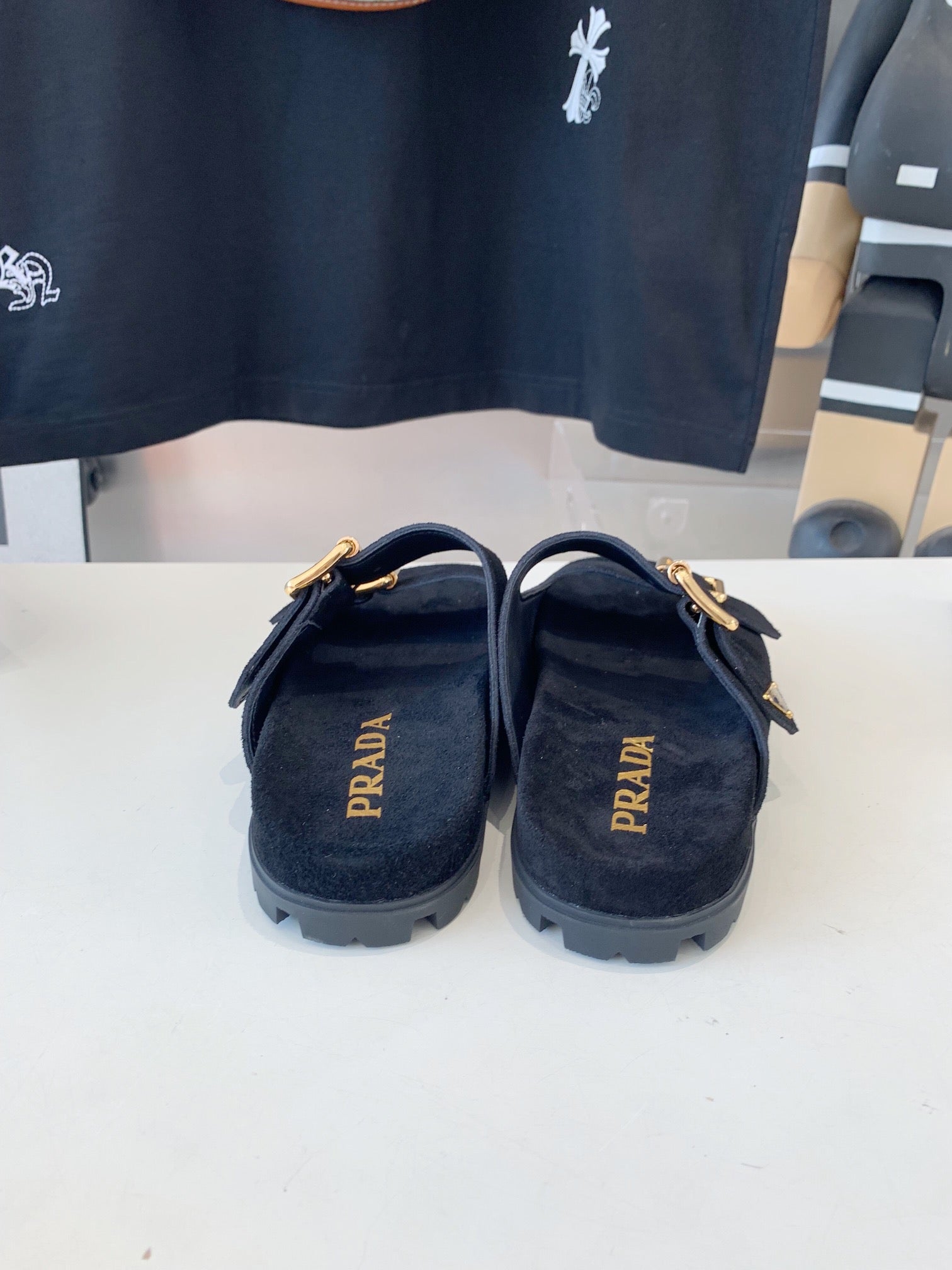 PRADA STRAP SLIDES SANLS BLACK SUEDE