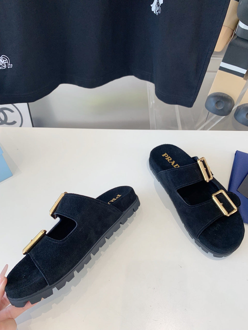 PRADA STRAP SLIDES SANLS BLACK SUEDE