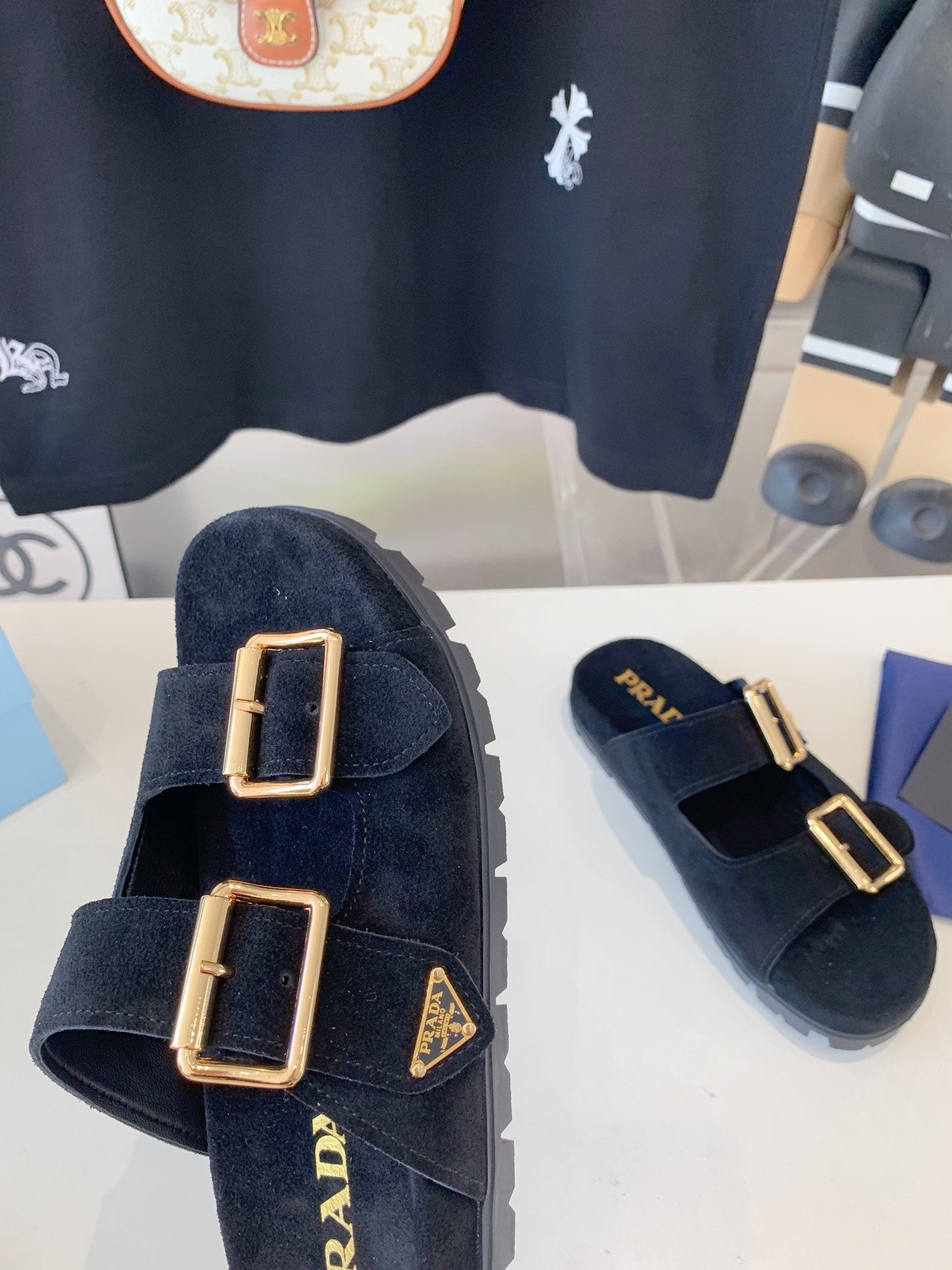 PRADA STRAP SLIDES SANLS BLACK SUEDE