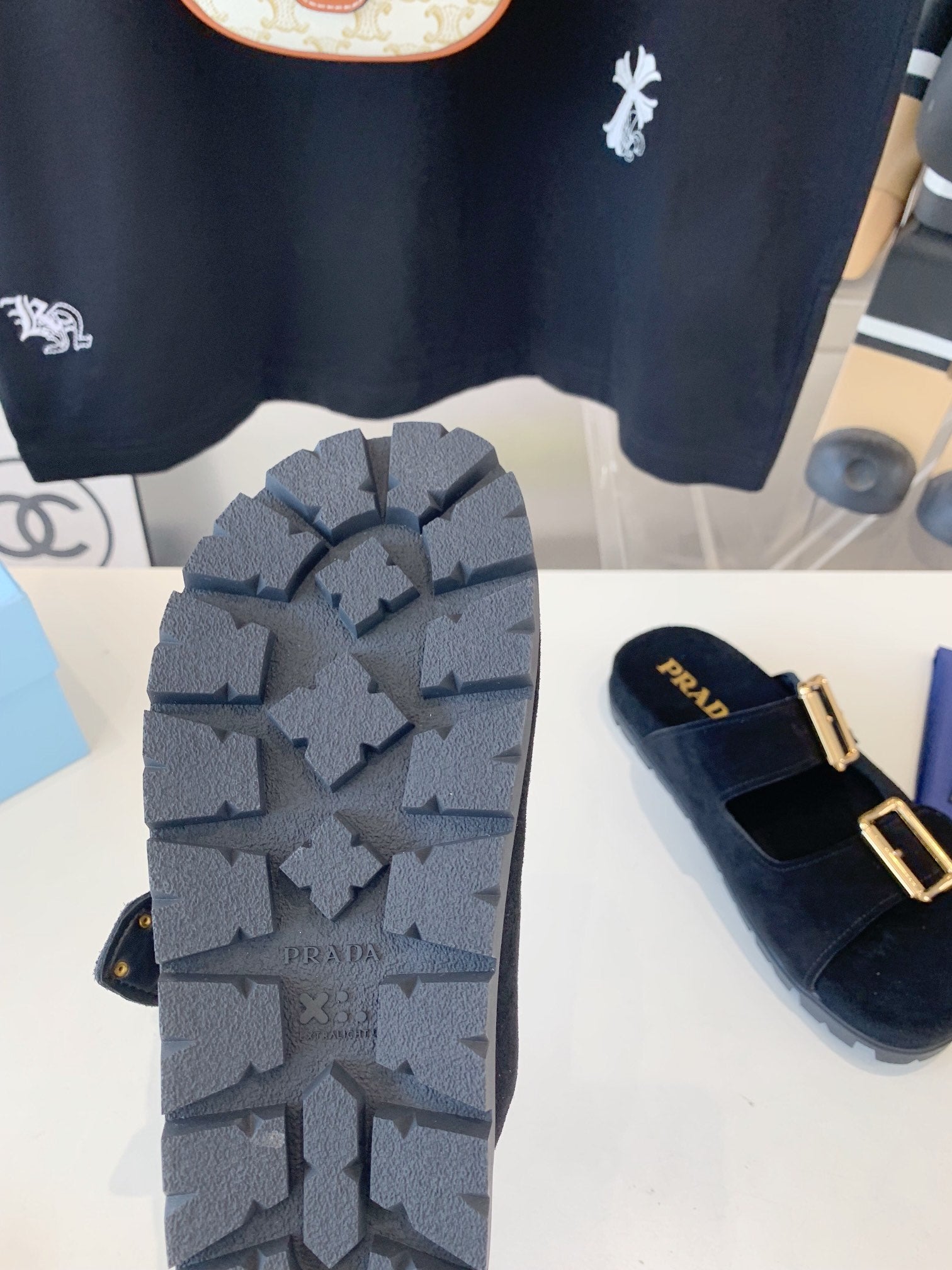 PRADA STRAP SLIDES SANLS BLACK SUEDE
