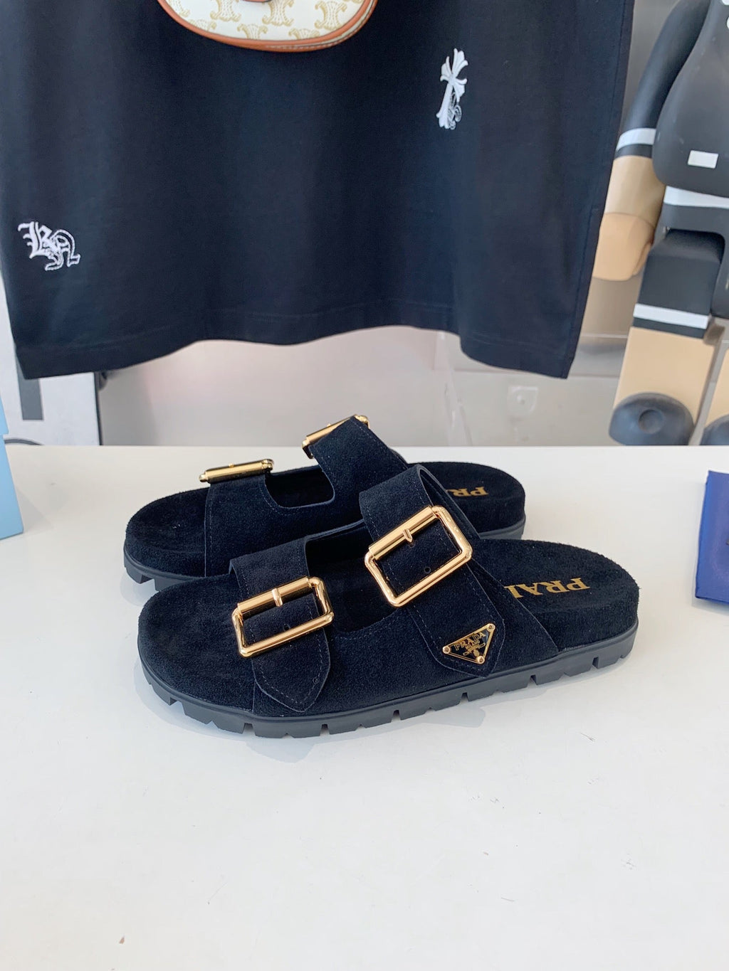 PRADA STRAP SLIDES SANLS BLACK SUEDE