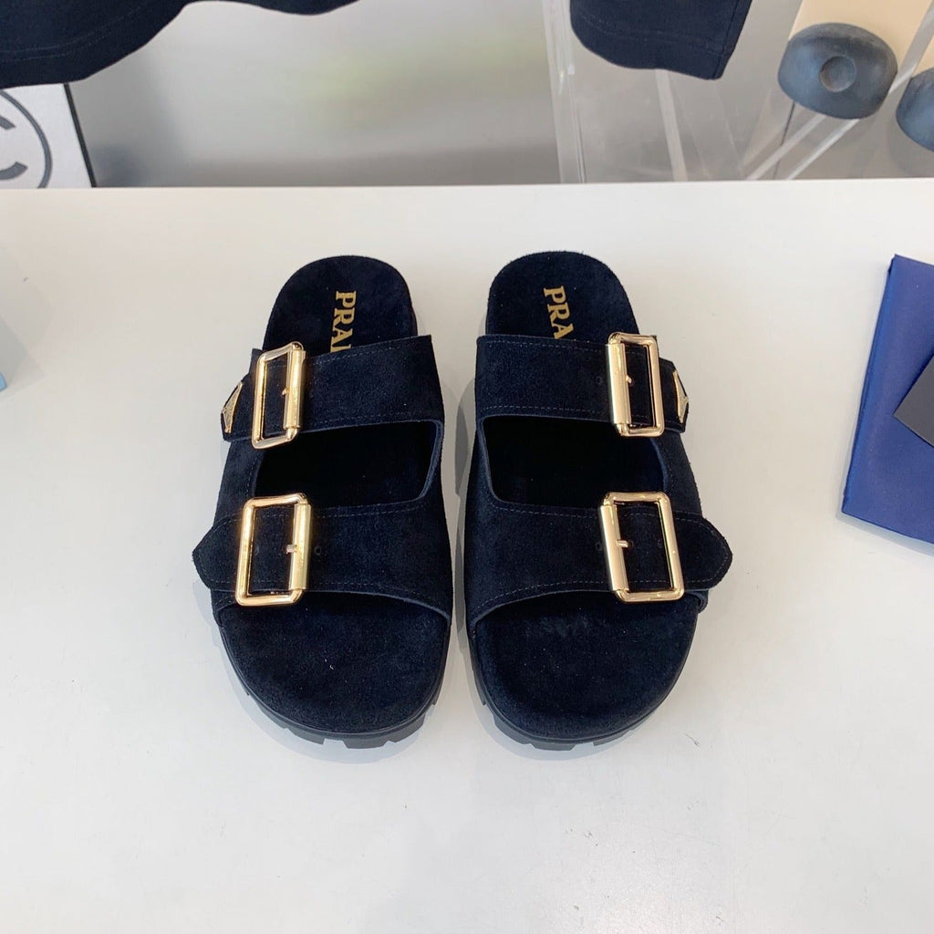 PRADA STRAP SLIDES SANLS BLACK SUEDE