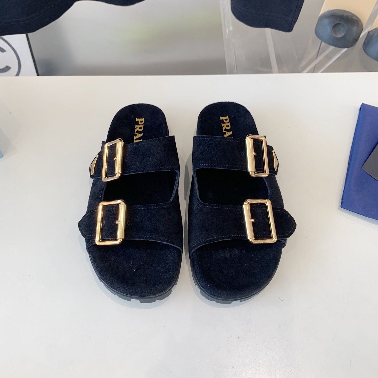 PRADA STRAP SLIDES SANLS BLACK SUEDE