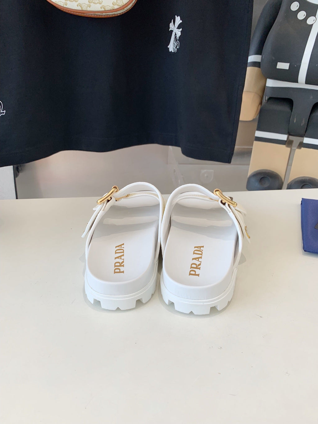 PRADA STRAP SLIDES SANLS WHITE LAMBSKIN