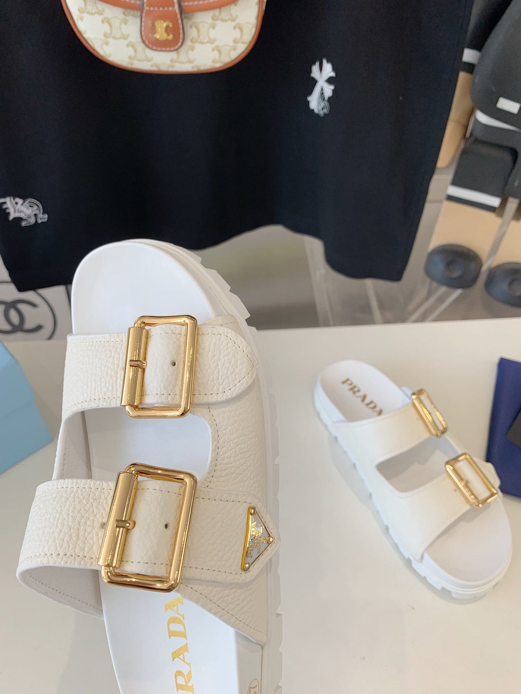 PRADA STRAP SLIDES SANLS WHITE LAMBSKIN