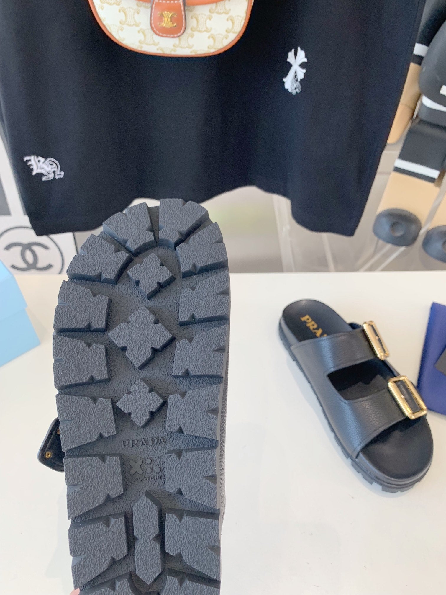 PRADA STRAP SLIDES SANLS BLACK LAMBSKIN