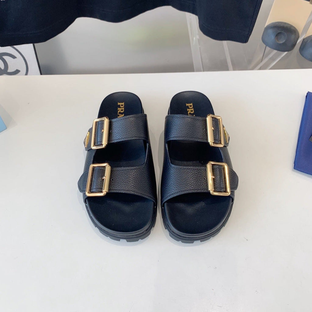 PRADA STRAP SLIDES SANLS BLACK LAMBSKIN