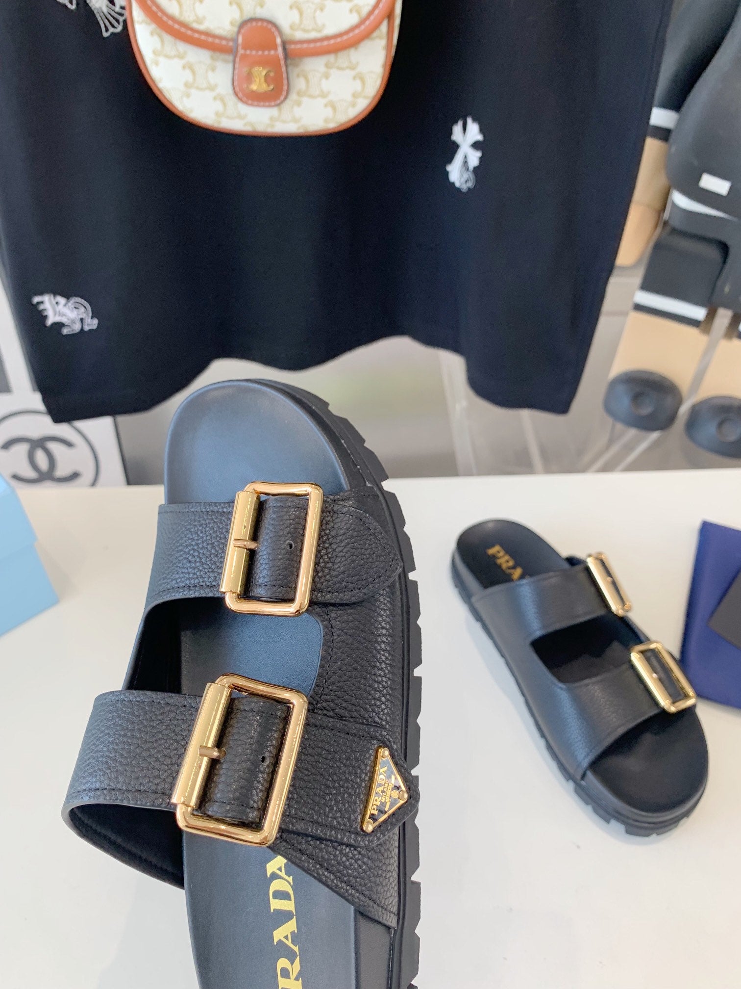 PRADA STRAP SLIDES SANLS BLACK LAMBSKIN