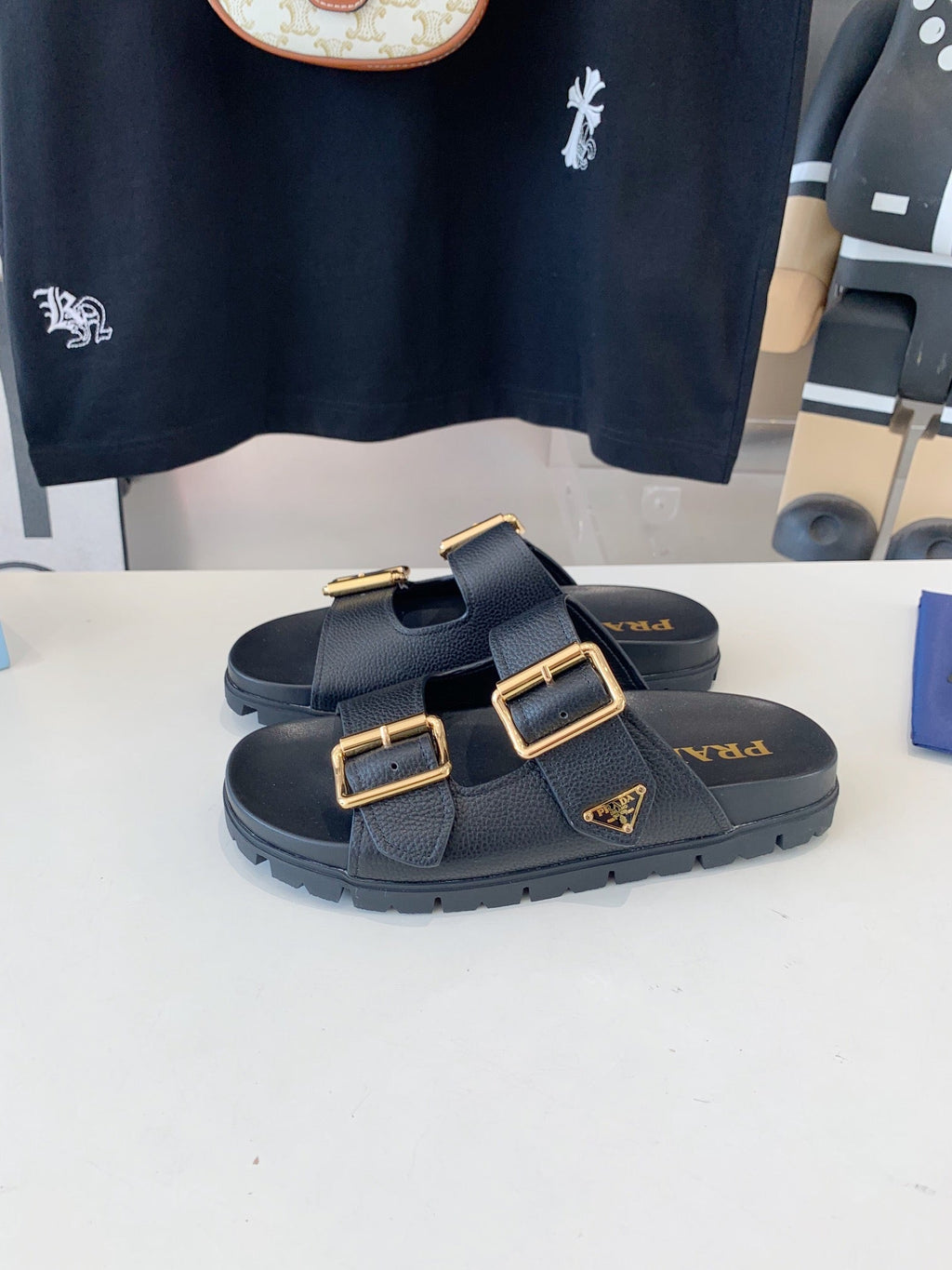PRADA STRAP SLIDES SANLS BLACK LAMBSKIN