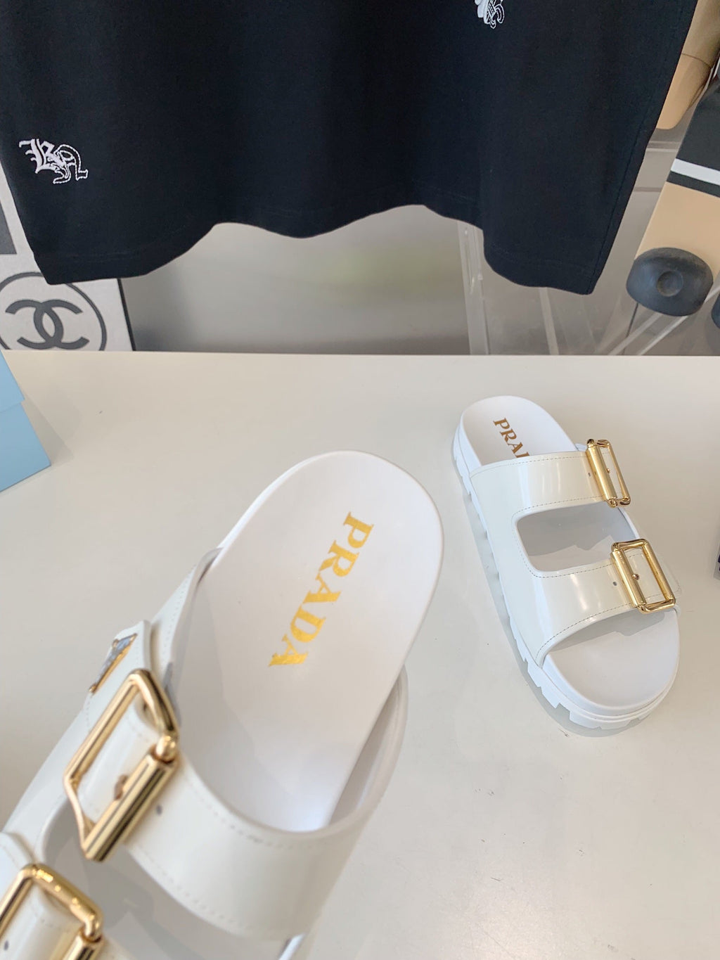 PRADA STRAP SLIDES SANLS GLOSSY WHITE CALFSKIN