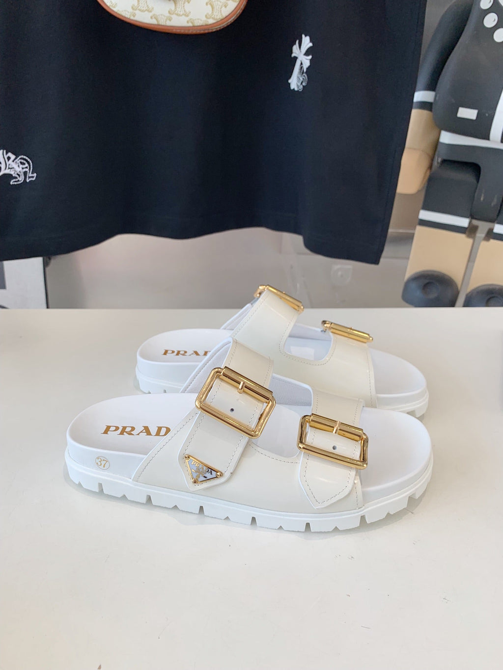 PRADA STRAP SLIDES SANLS GLOSSY WHITE CALFSKIN