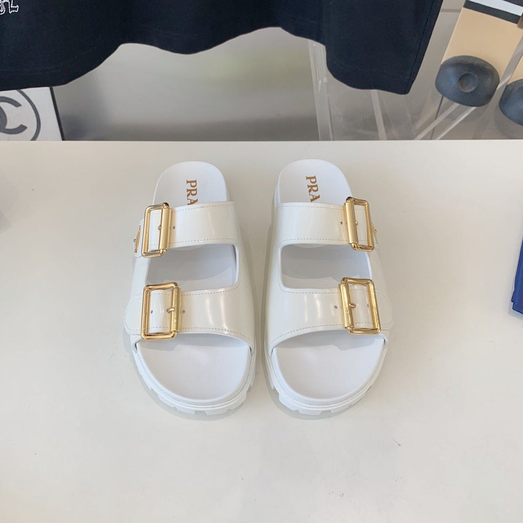 PRADA STRAP SLIDES SANLS GLOSSY WHITE CALFSKIN