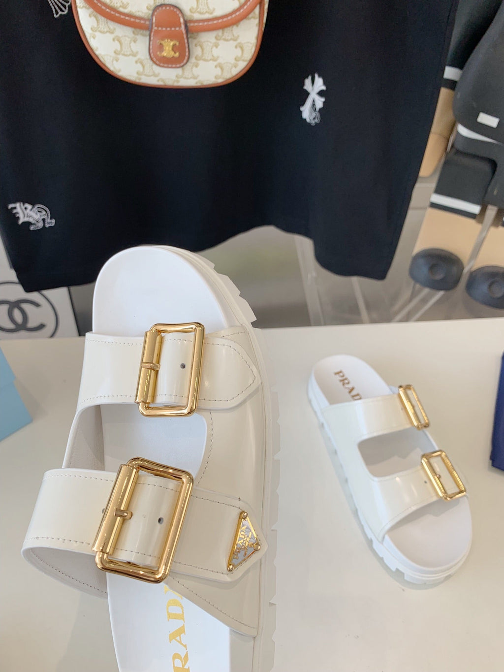 PRADA STRAP SLIDES SANLS GLOSSY WHITE CALFSKIN