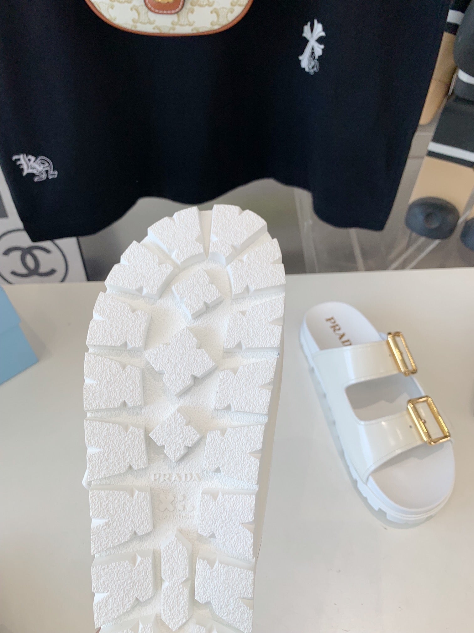 PRADA STRAP SLIDES SANLS GLOSSY WHITE CALFSKIN