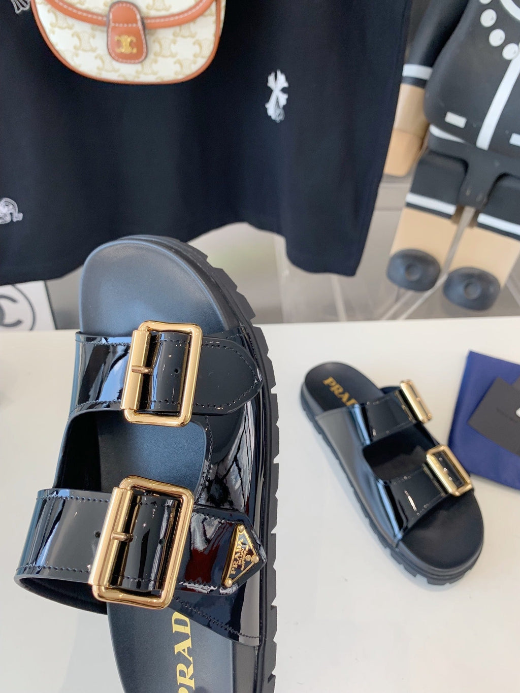 PRADA STRAP SLIDES SANLS GLOSSY BLACK CALFSKIN