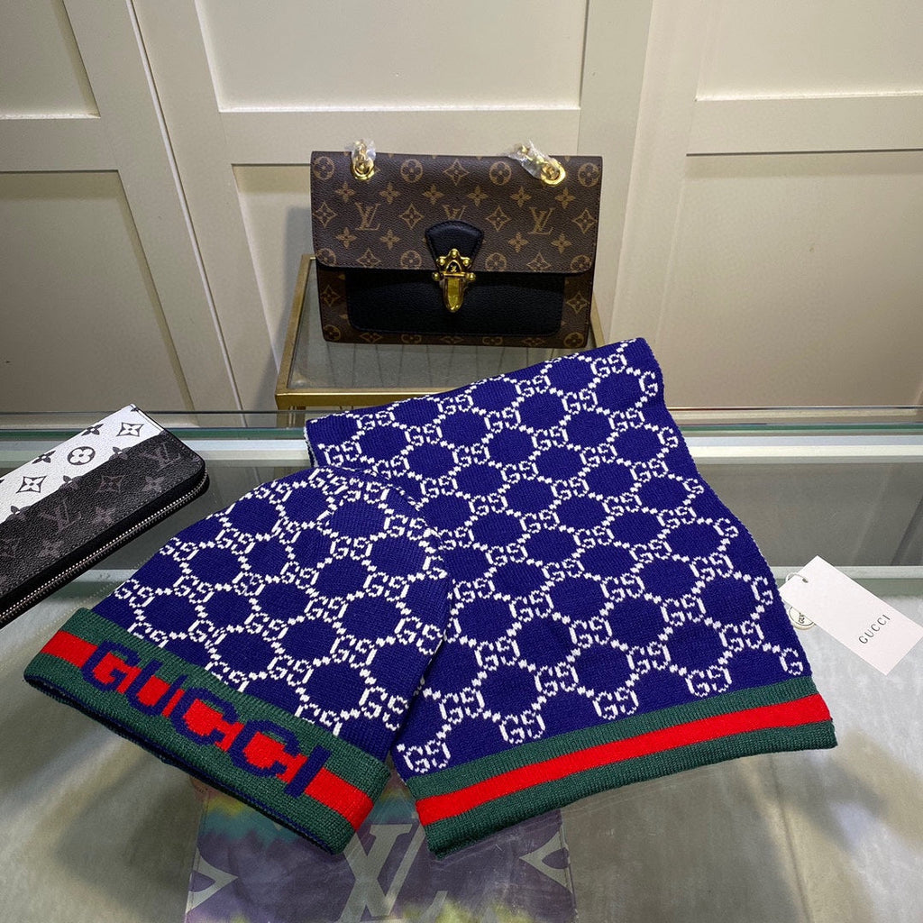 GUCCI SET SCARF AND HAT IN NAVY BLUE MONOGRAM CASHMERE 349665
