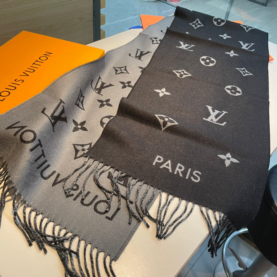 LOUIS VUITTON ALL ABOUT MONOGRAM SCARF 185 CM IN BLACK WOOL 394497