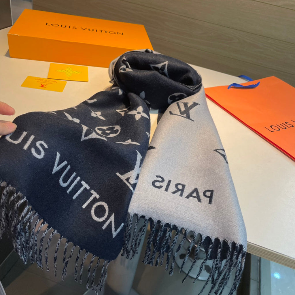 LOUIS VUITTON ALL ABOUT MONOGRAM SCARF 185 CM IN AEGEAN BLUE WOOL 394499