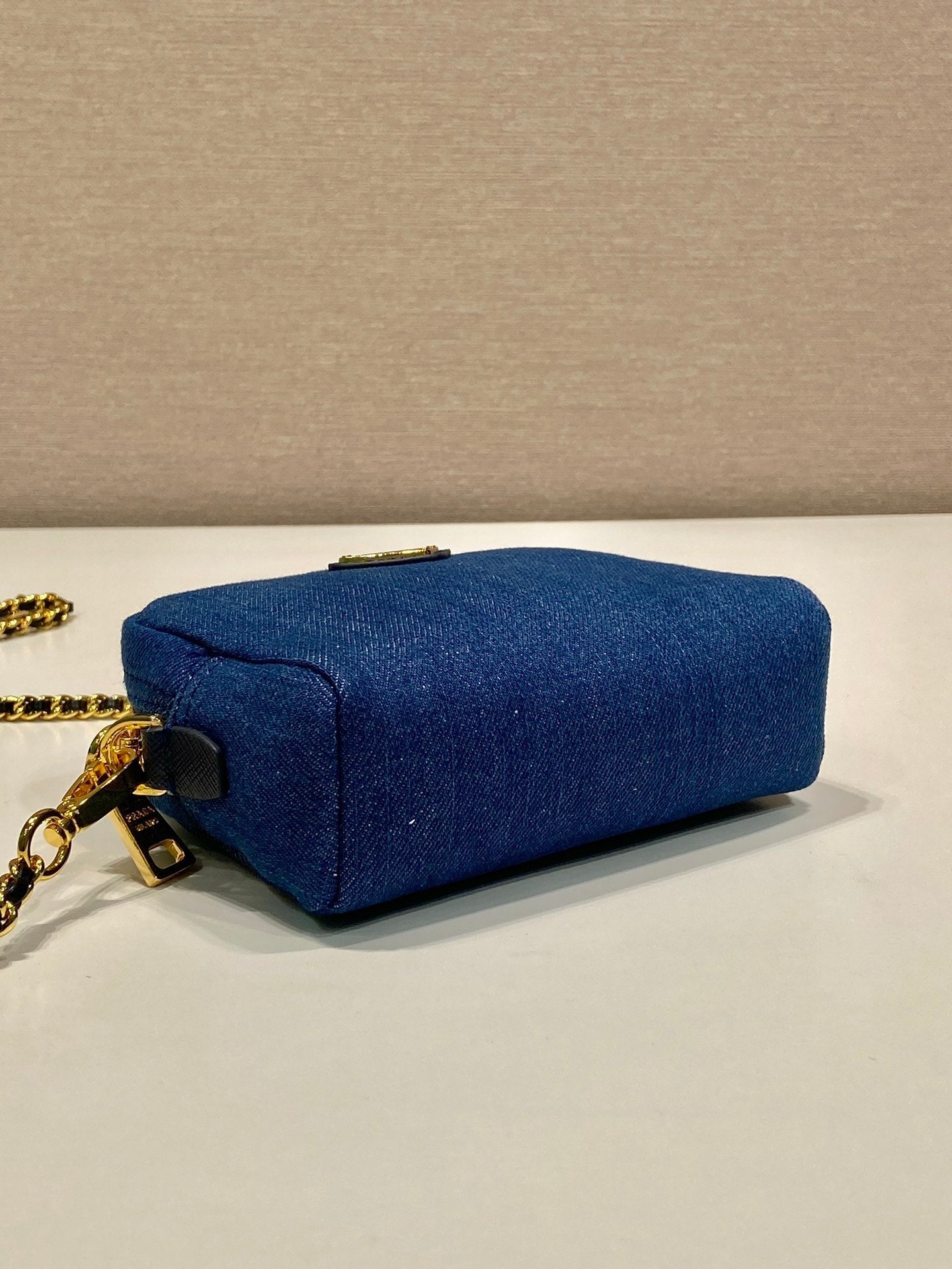 PRADA MINI BAG 14 IN AZURE BLUE DENIM GOLD HARDWARE