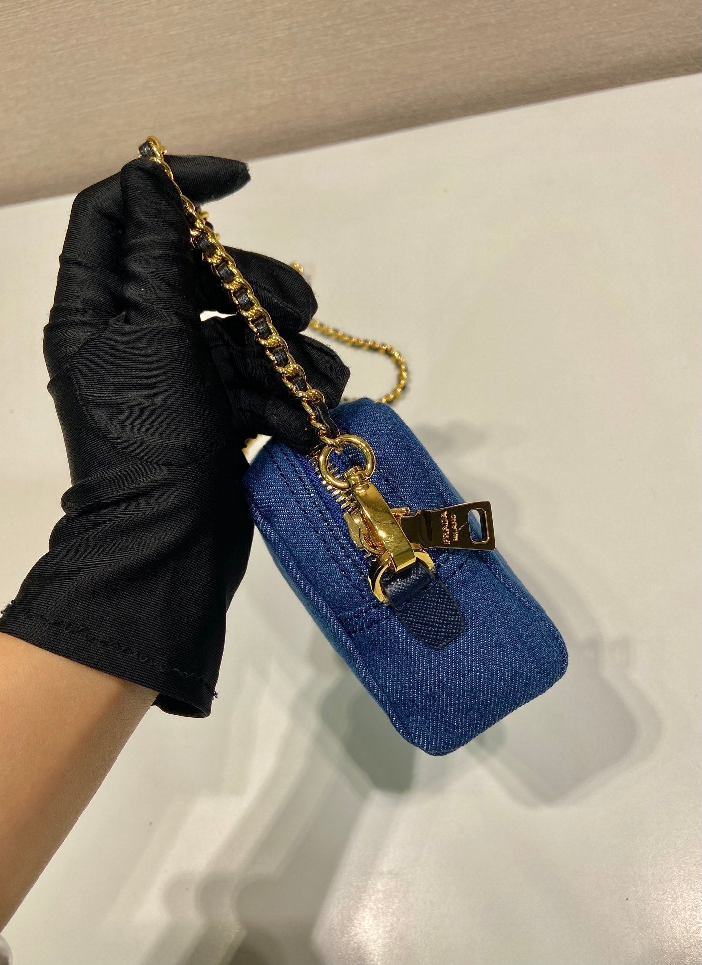 PRADA MINI BAG 14 IN AZURE BLUE DENIM GOLD HARDWARE