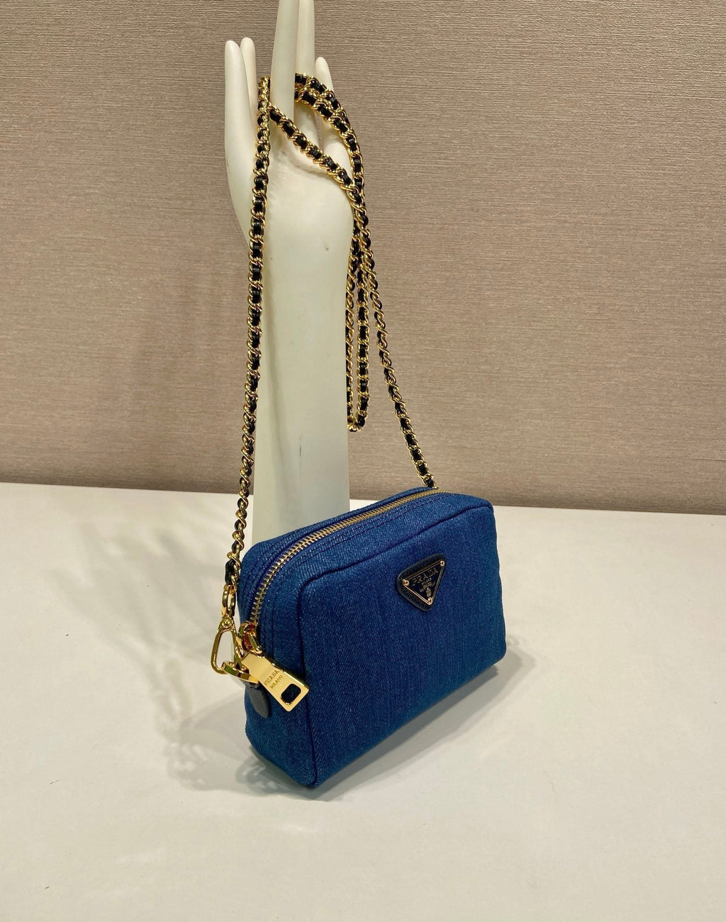 PRADA MINI BAG 14 IN AZURE BLUE DENIM GOLD HARDWARE