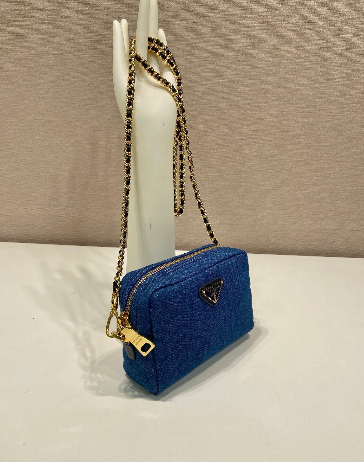 PRADA MINI BAG 14 IN AZURE BLUE DENIM GOLD HARDWARE