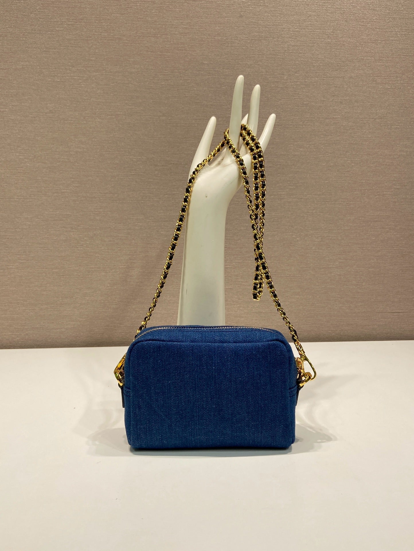 PRADA MINI BAG 14 IN AZURE BLUE DENIM GOLD HARDWARE