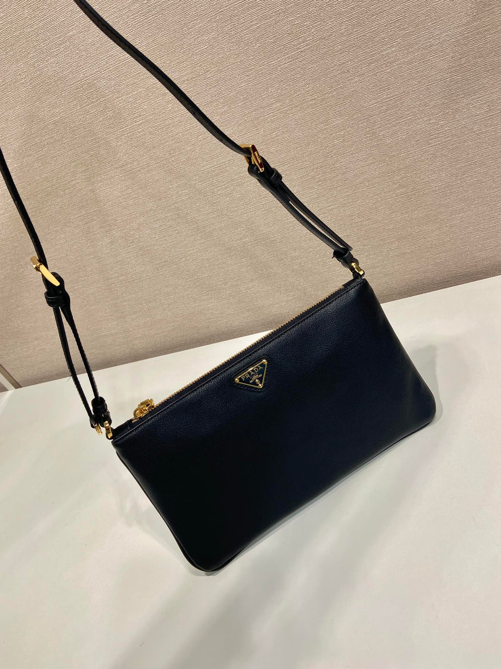 PRADA TRIANGLE LOGO SHOULDER BAG 24 IN BLACK SMOOTH CALFSKIN