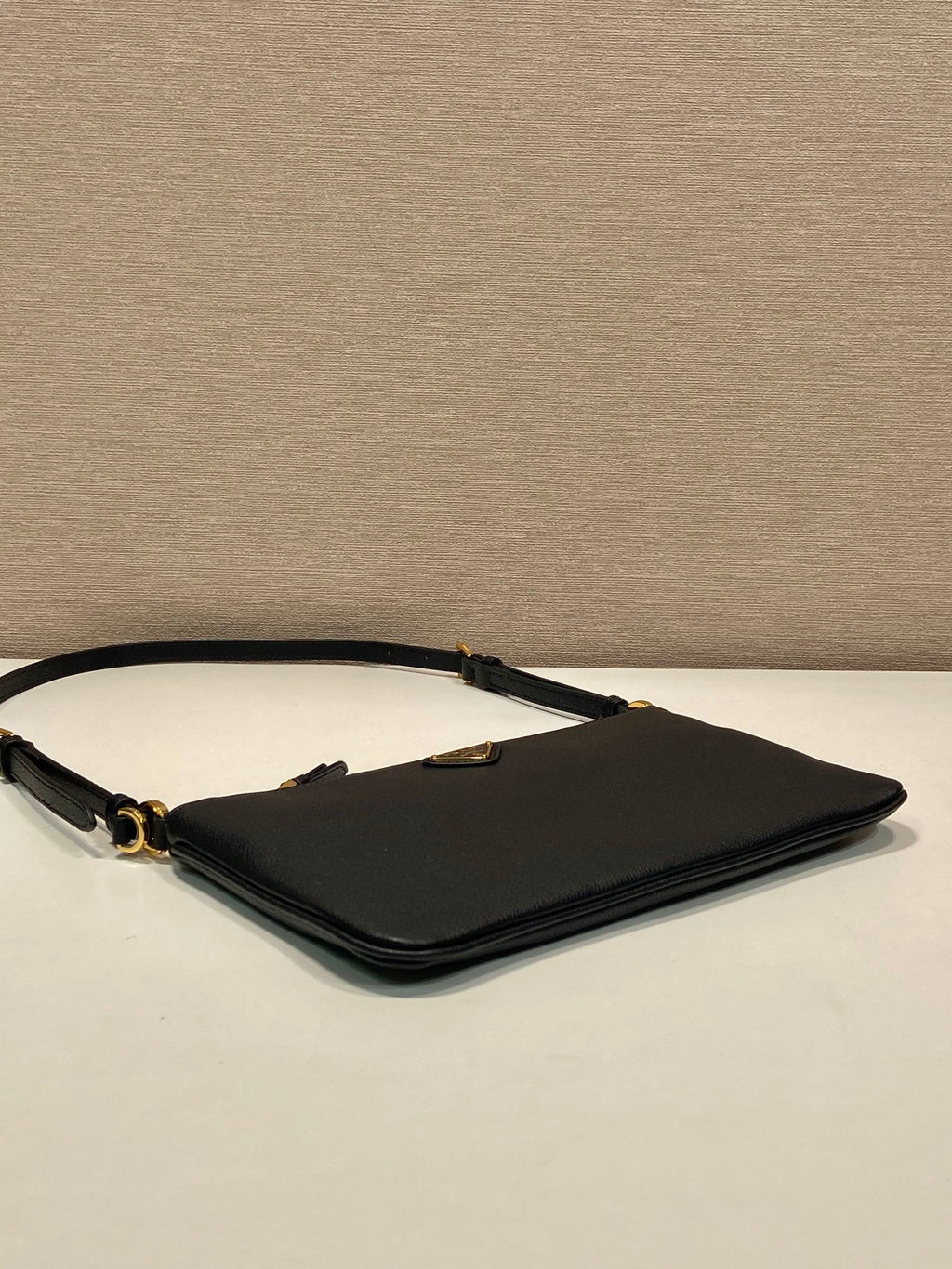 PRADA TRIANGLE LOGO SHOULDER BAG 24 IN BLACK SMOOTH CALFSKIN