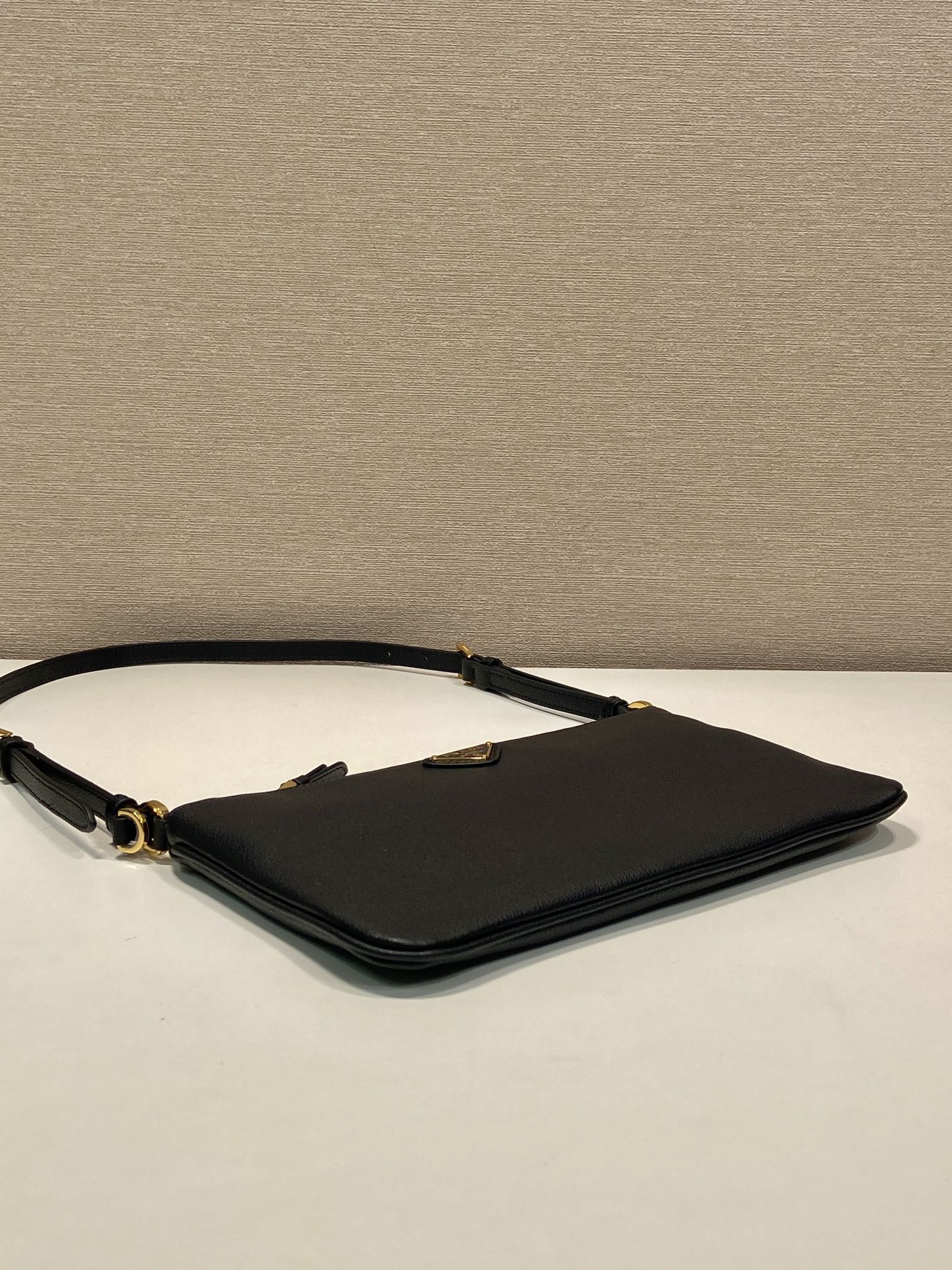 PRADA TRIANGLE LOGO SHOULDER BAG 24 IN BLACK SMOOTH CALFSKIN