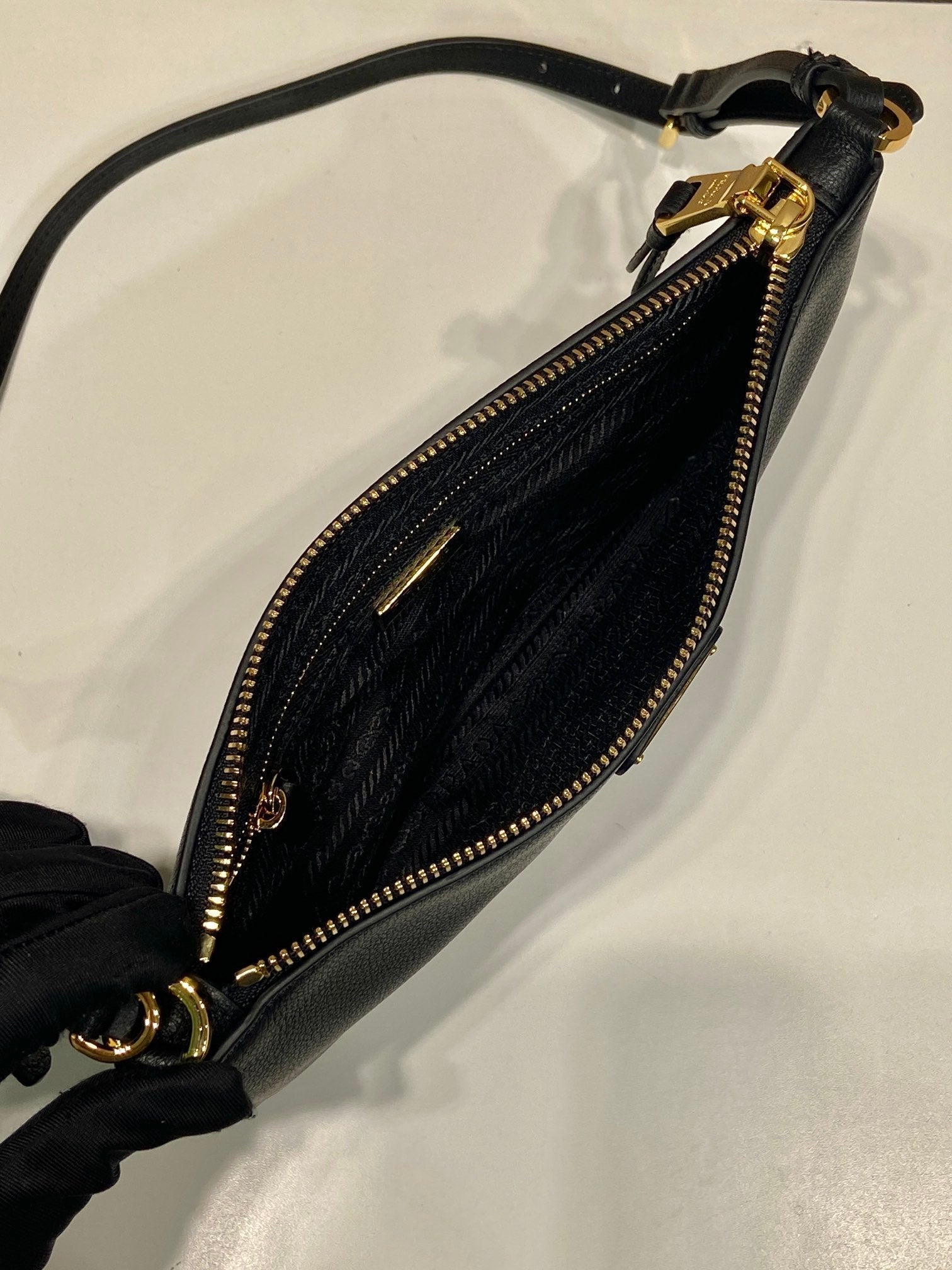 PRADA TRIANGLE LOGO SHOULDER BAG 24 IN BLACK SMOOTH CALFSKIN