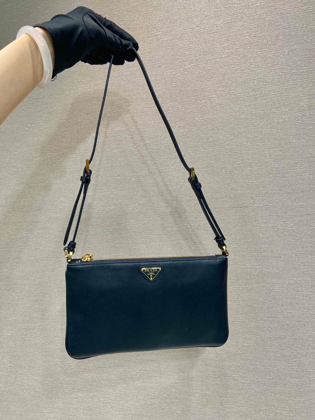 PRADA TRIANGLE LOGO SHOULDER BAG 24 IN BLACK SMOOTH CALFSKIN