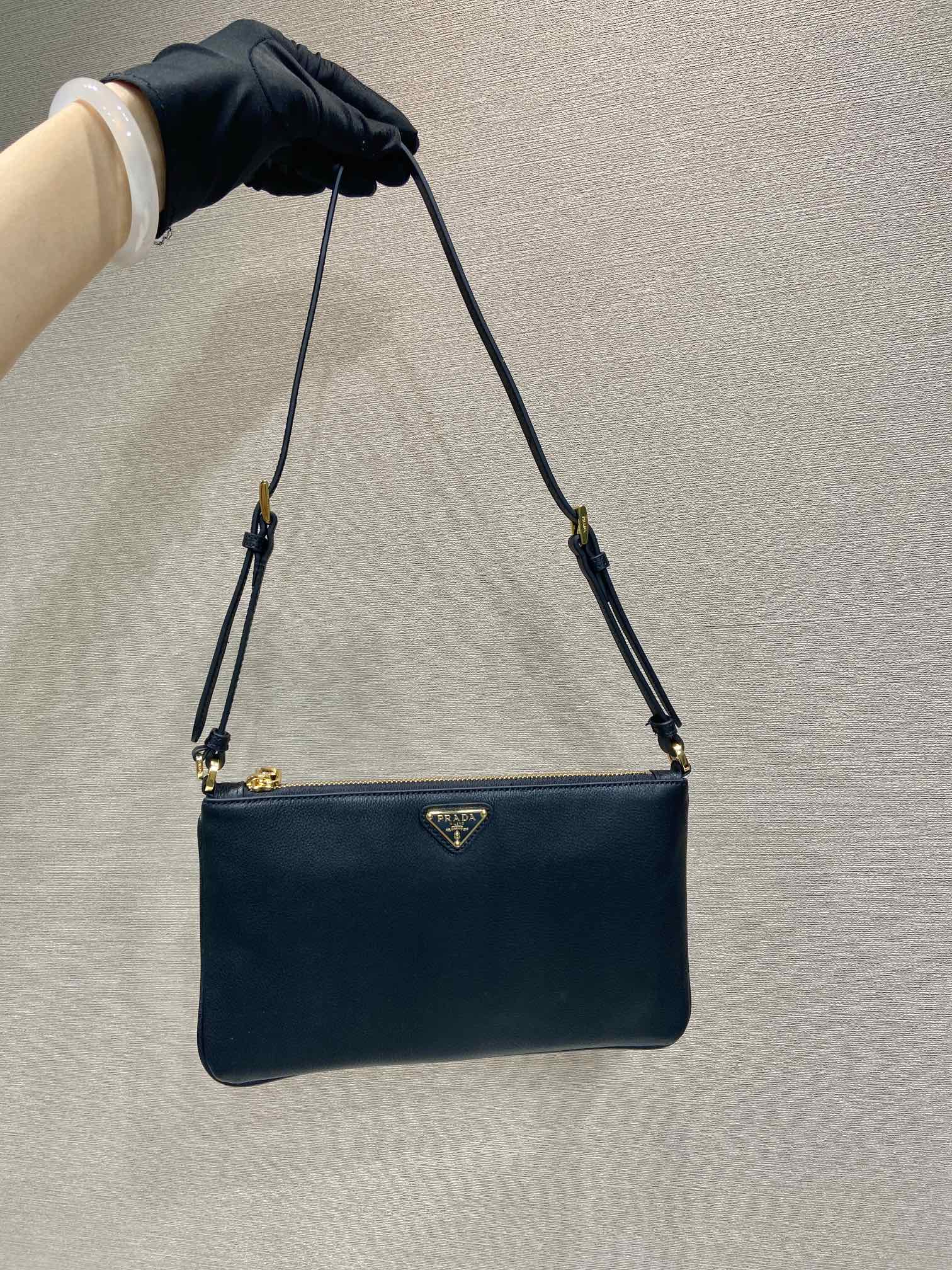 PRADA TRIANGLE LOGO SHOULDER BAG 24 IN BLACK SMOOTH CALFSKIN