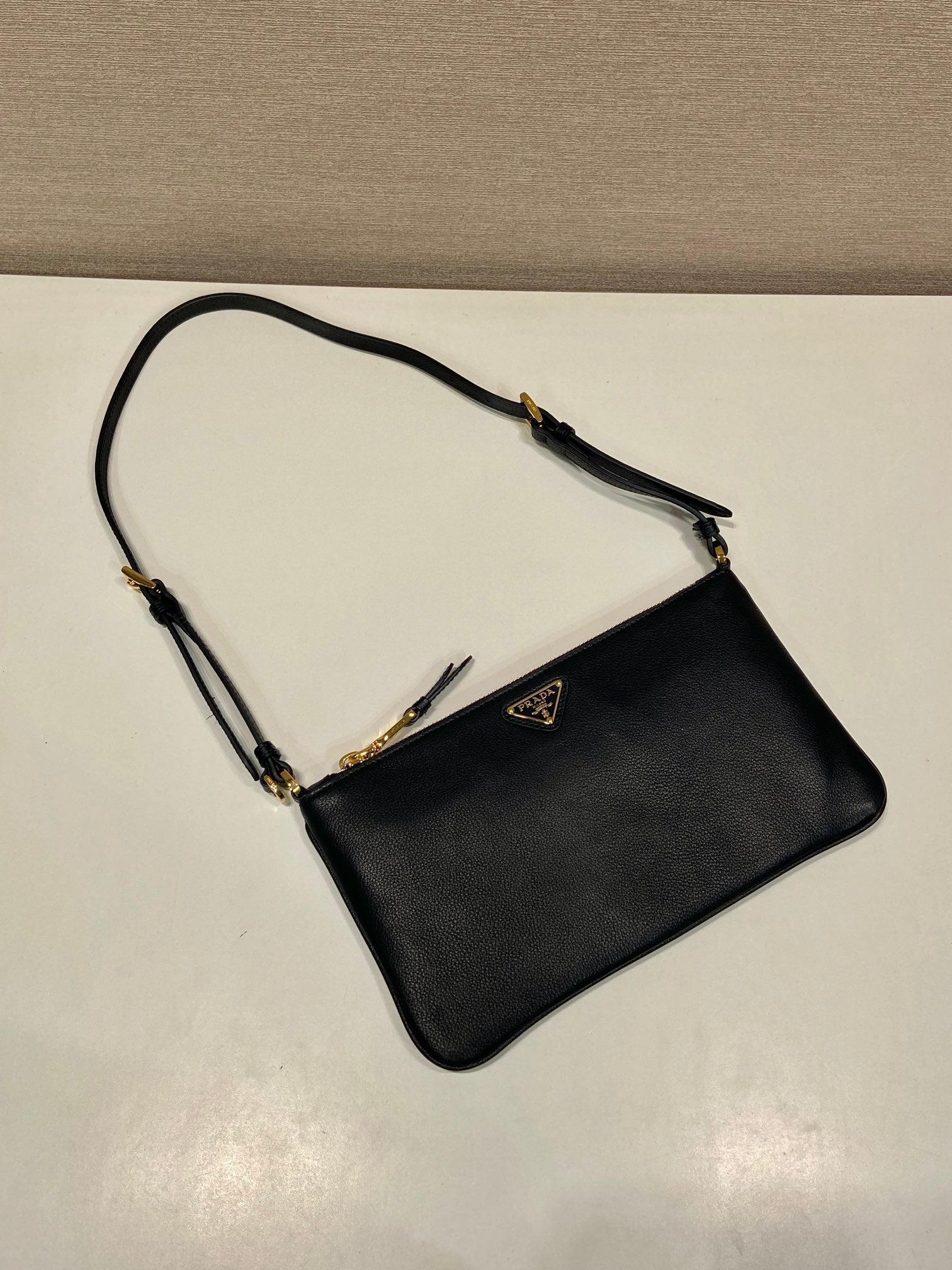 PRADA TRIANGLE LOGO SHOULDER BAG 24 IN BLACK SMOOTH CALFSKIN