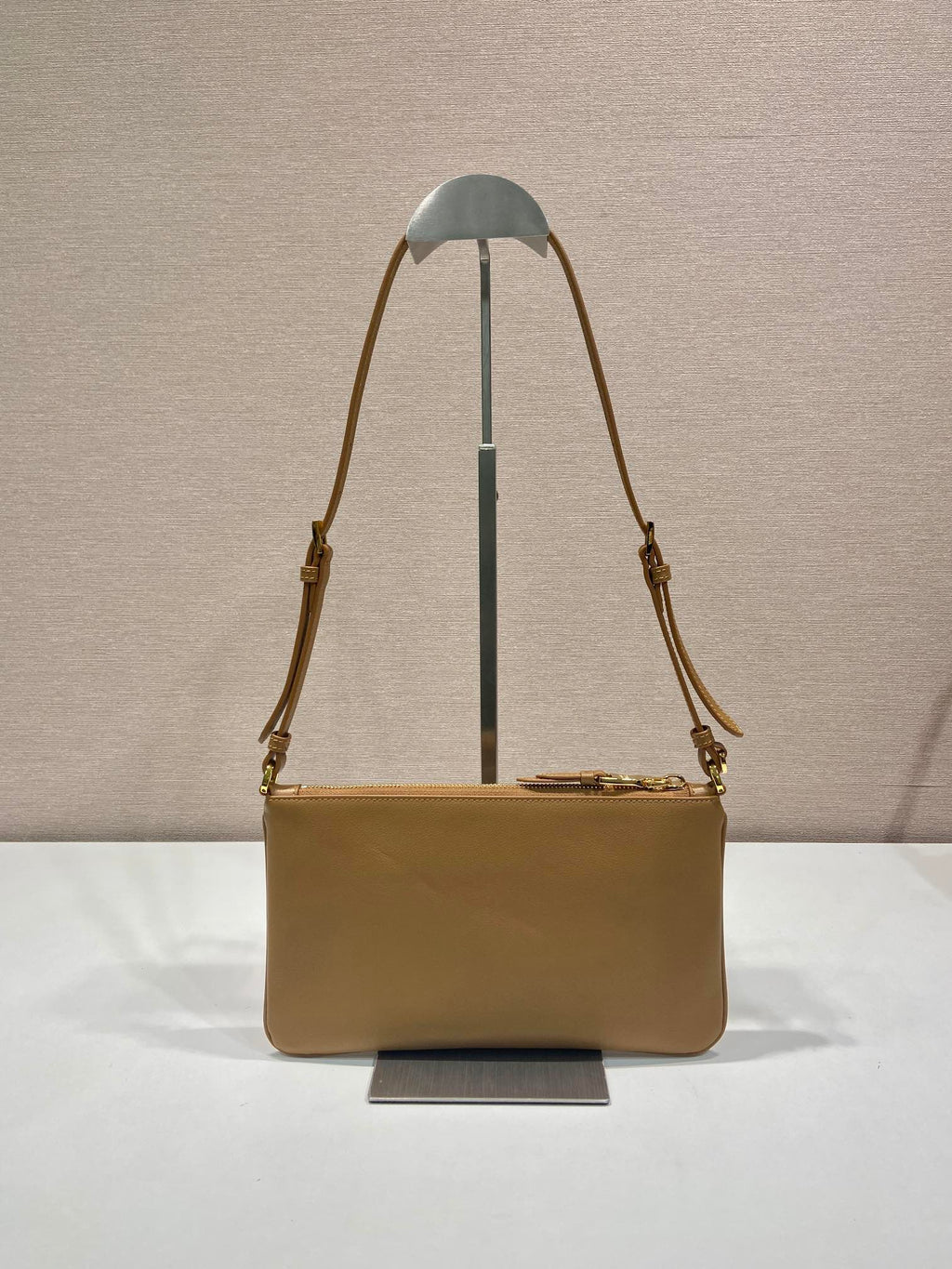 PRADA TRIANGLE LOGO SHOULDER BAG 24 IN PEANUT BROWN SMOOTH CALFSKIN