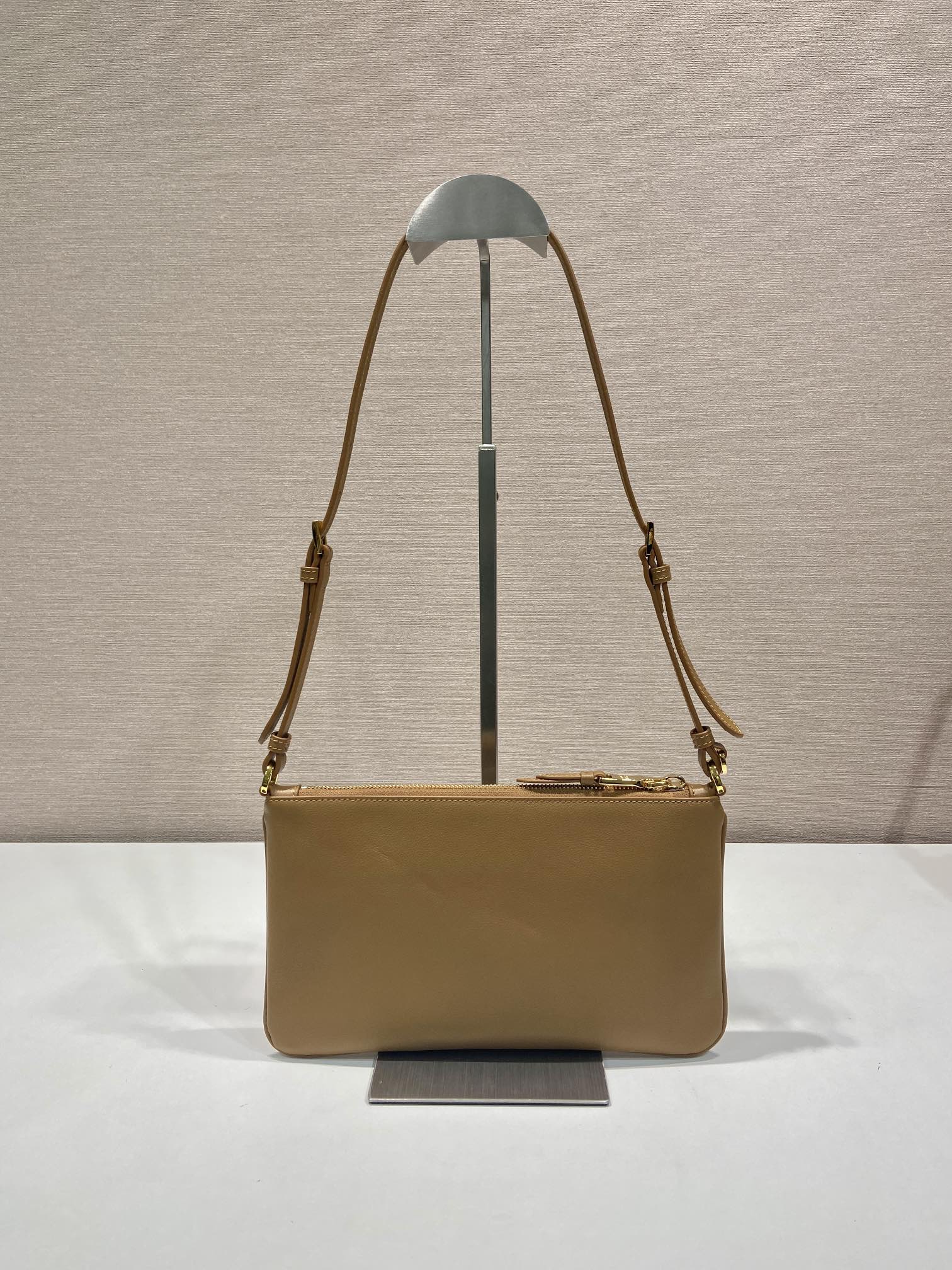 PRADA TRIANGLE LOGO SHOULDER BAG 24 IN PEANUT BROWN SMOOTH CALFSKIN