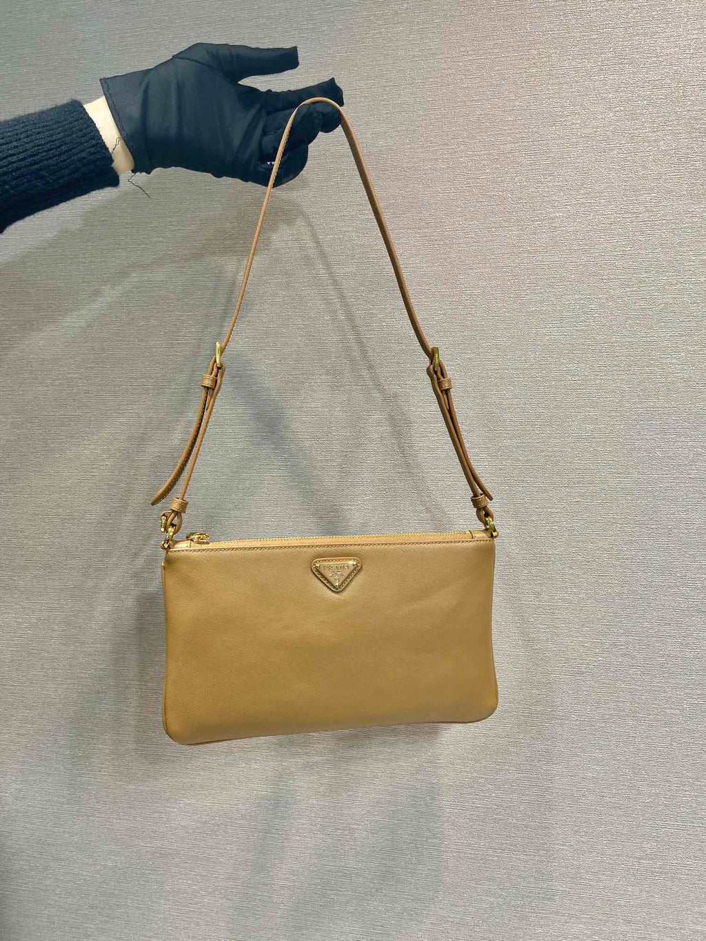 PRADA TRIANGLE LOGO SHOULDER BAG 24 IN PEANUT BROWN SMOOTH CALFSKIN