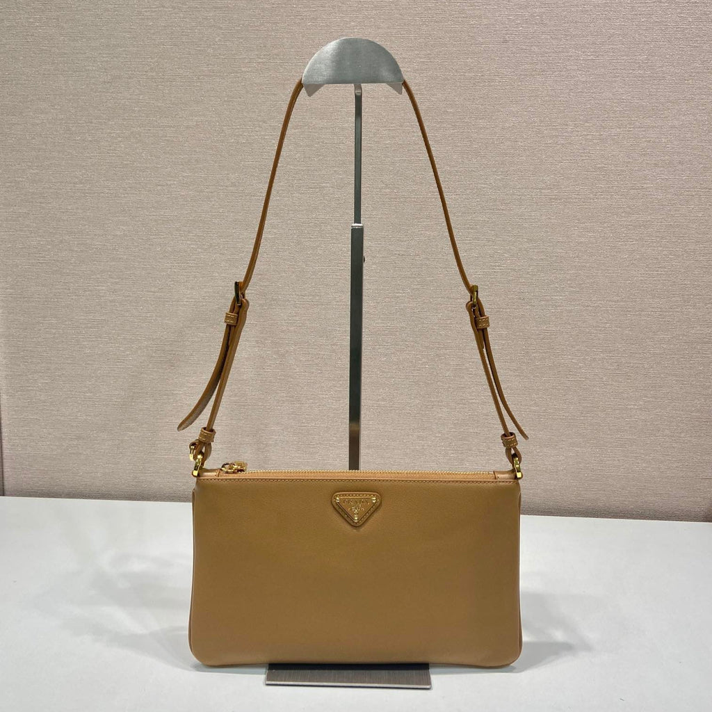PRADA TRIANGLE LOGO SHOULDER BAG 24 IN PEANUT BROWN SMOOTH CALFSKIN
