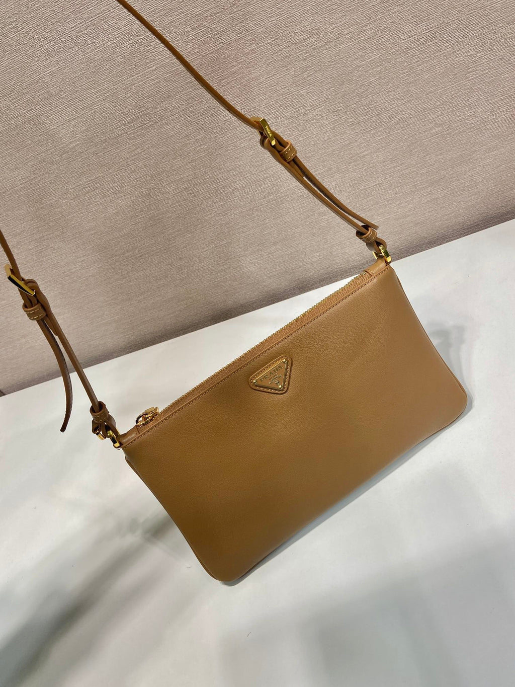 PRADA TRIANGLE LOGO SHOULDER BAG 24 IN PEANUT BROWN SMOOTH CALFSKIN