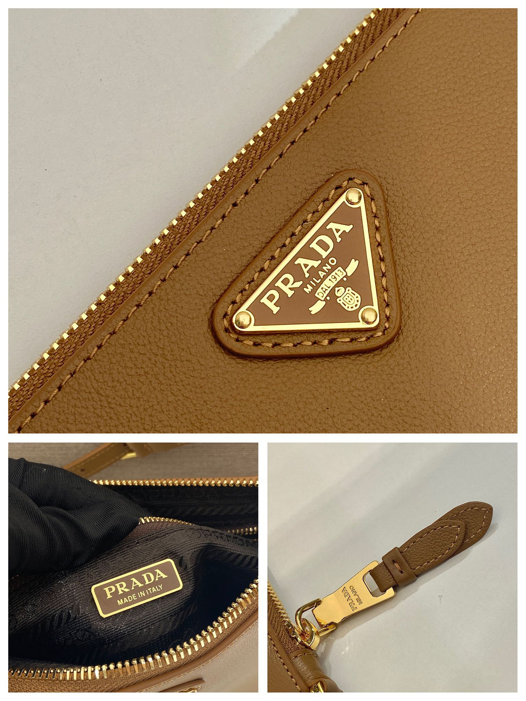 PRADA TRIANGLE LOGO SHOULDER BAG 24 IN PEANUT BROWN SMOOTH CALFSKIN