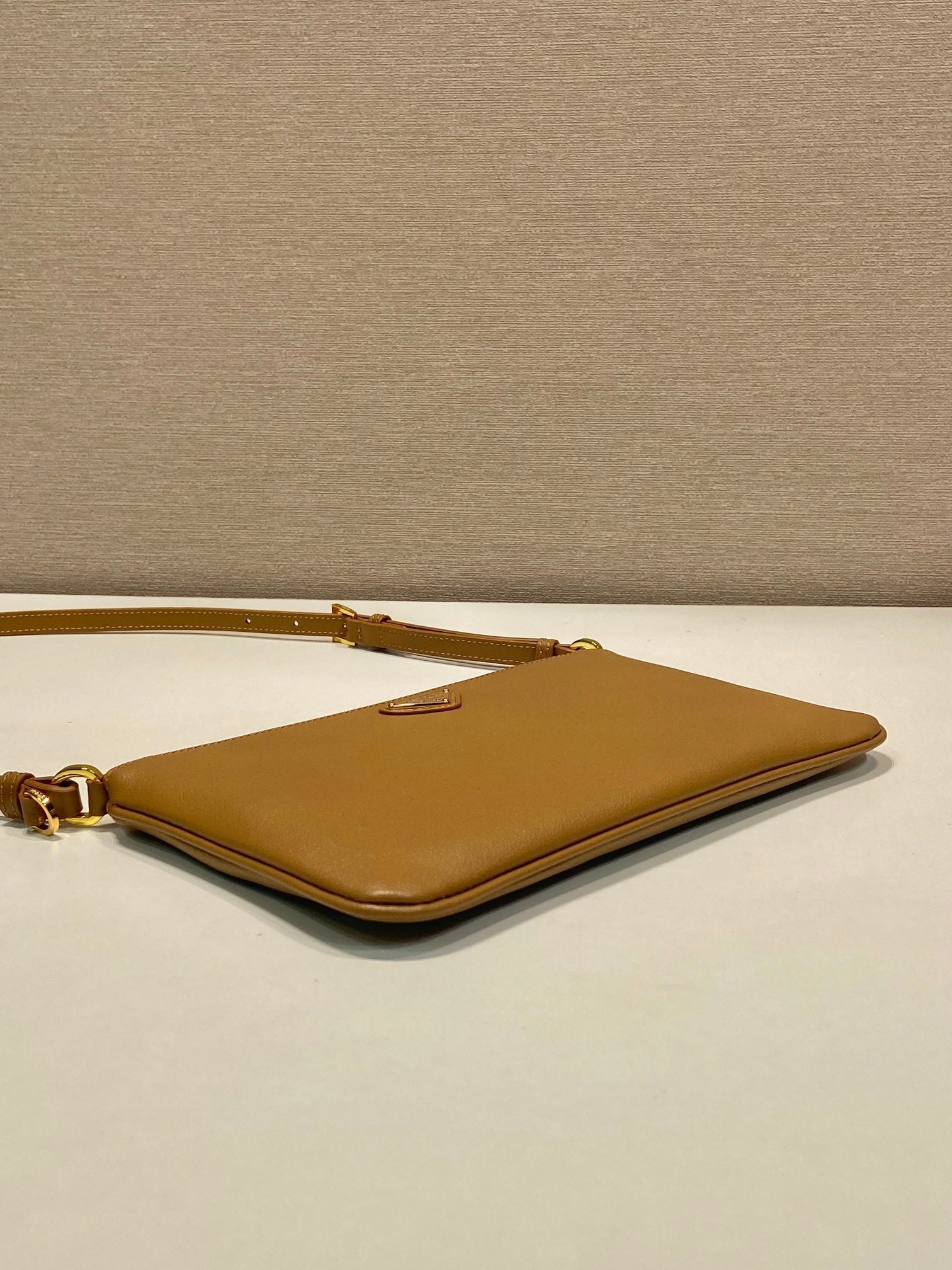 PRADA TRIANGLE LOGO SHOULDER BAG 24 IN PEANUT BROWN SMOOTH CALFSKIN