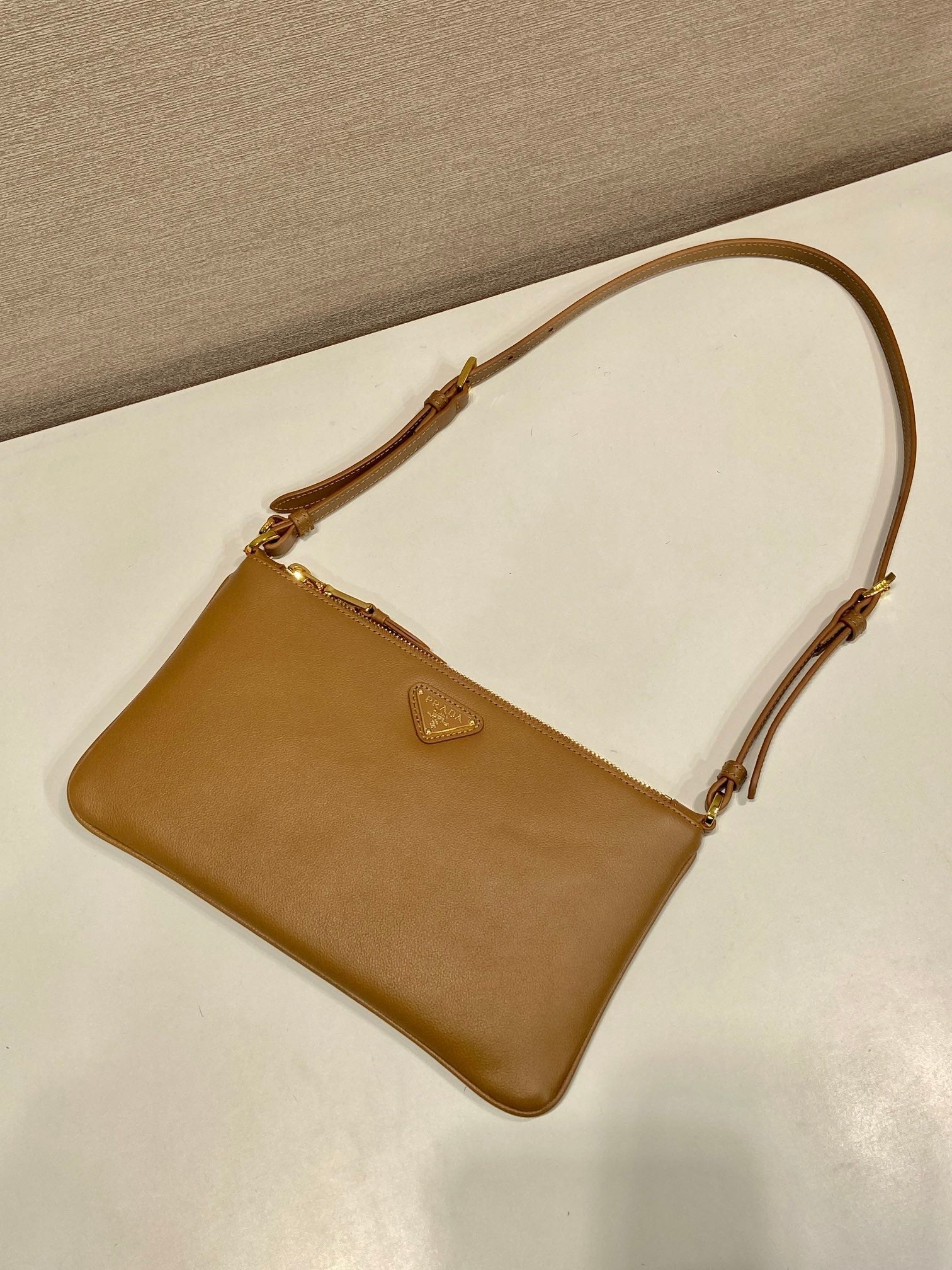 PRADA TRIANGLE LOGO SHOULDER BAG 24 IN PEANUT BROWN SMOOTH CALFSKIN