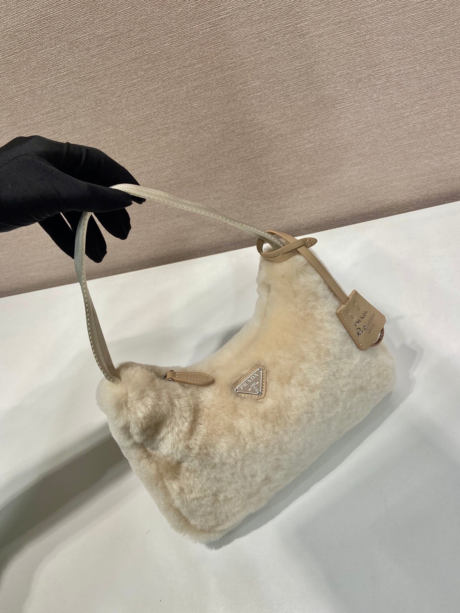 PRADA HOBO BAG 23 IN BEIGE RABBIT FUR